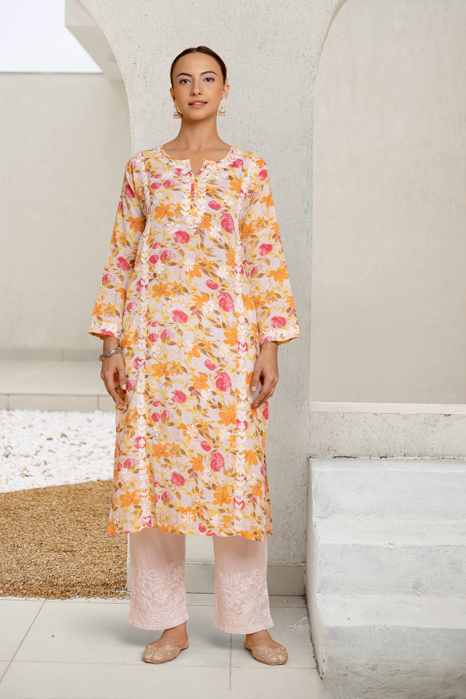 Saba Chikankari Kurta in Mul cotton in Yellow Floral