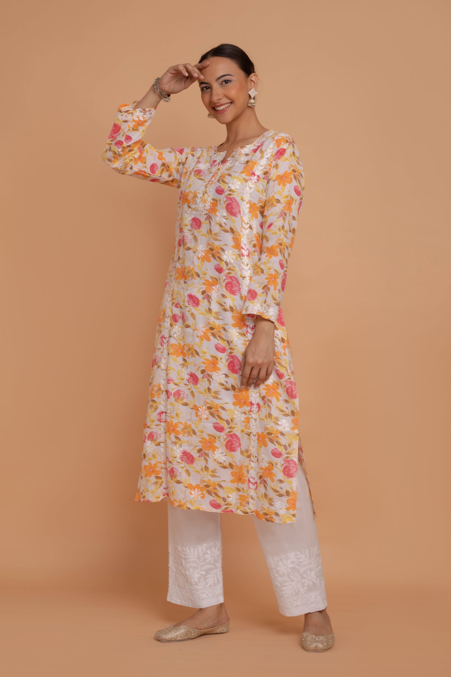 Saba Chikankari Kurta in Mul cotton in Yellow Floral