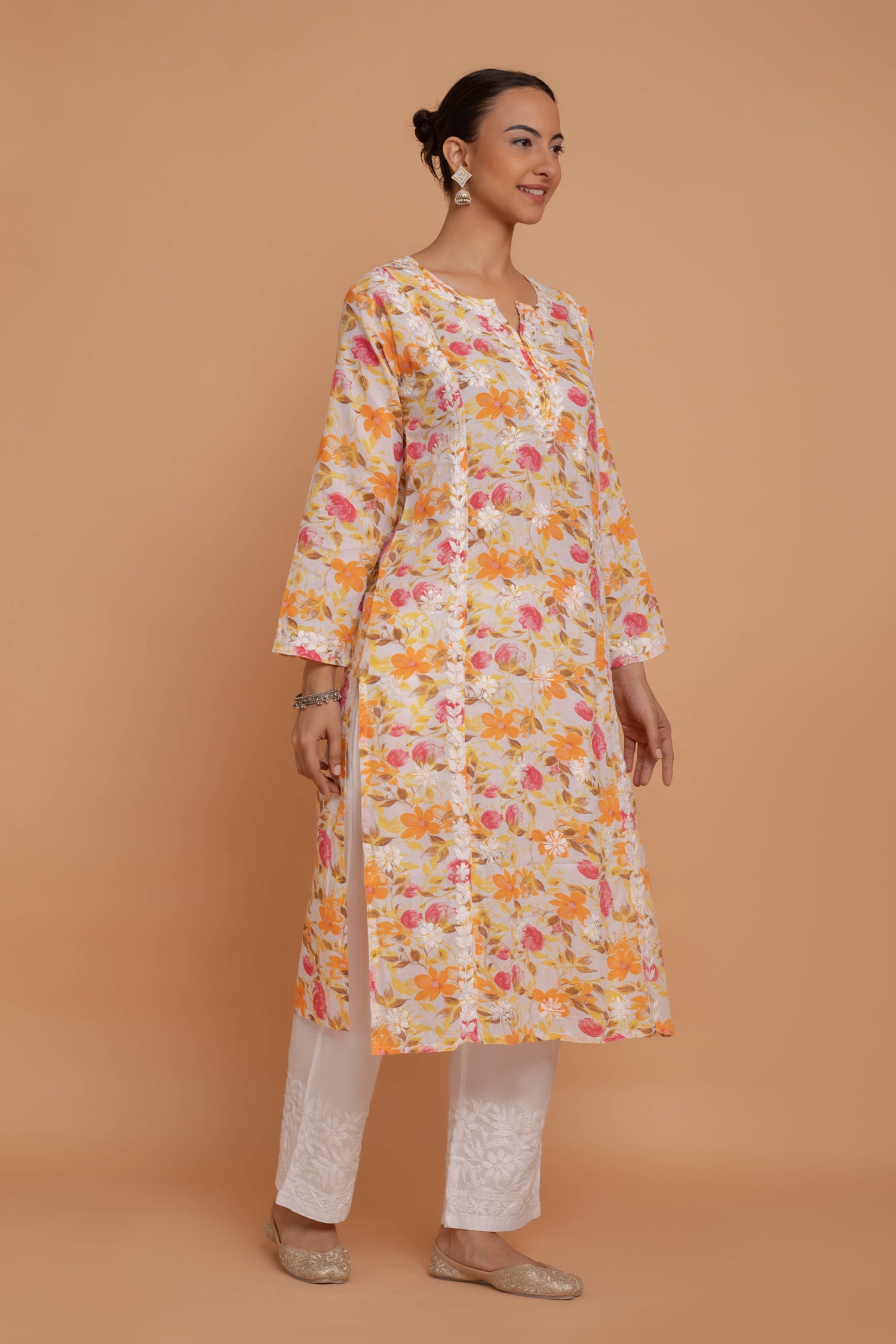 Saba Chikankari Kurta in Mul cotton in Yellow Floral