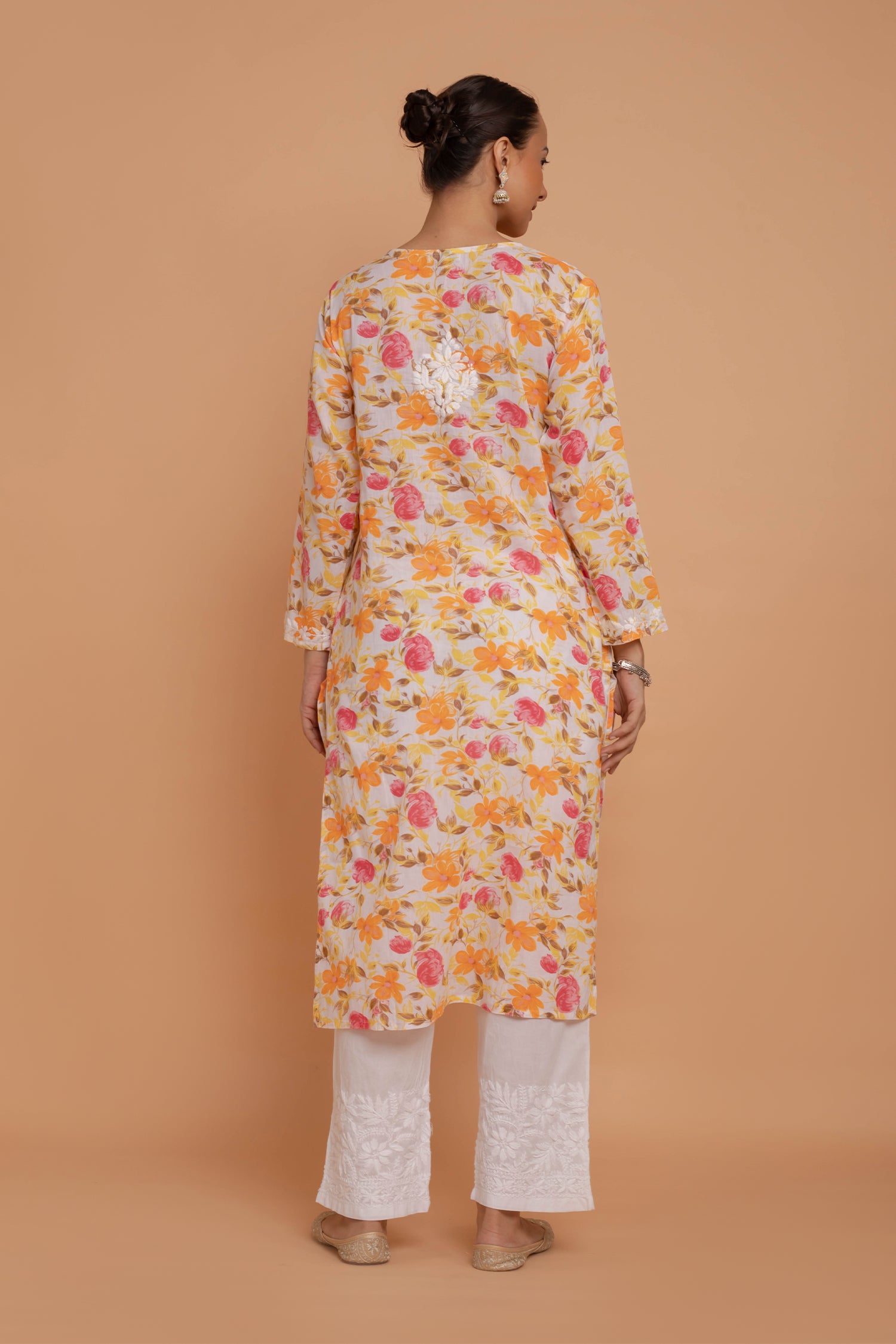 Saba Chikankari Kurta in Mul cotton in Yellow Floral