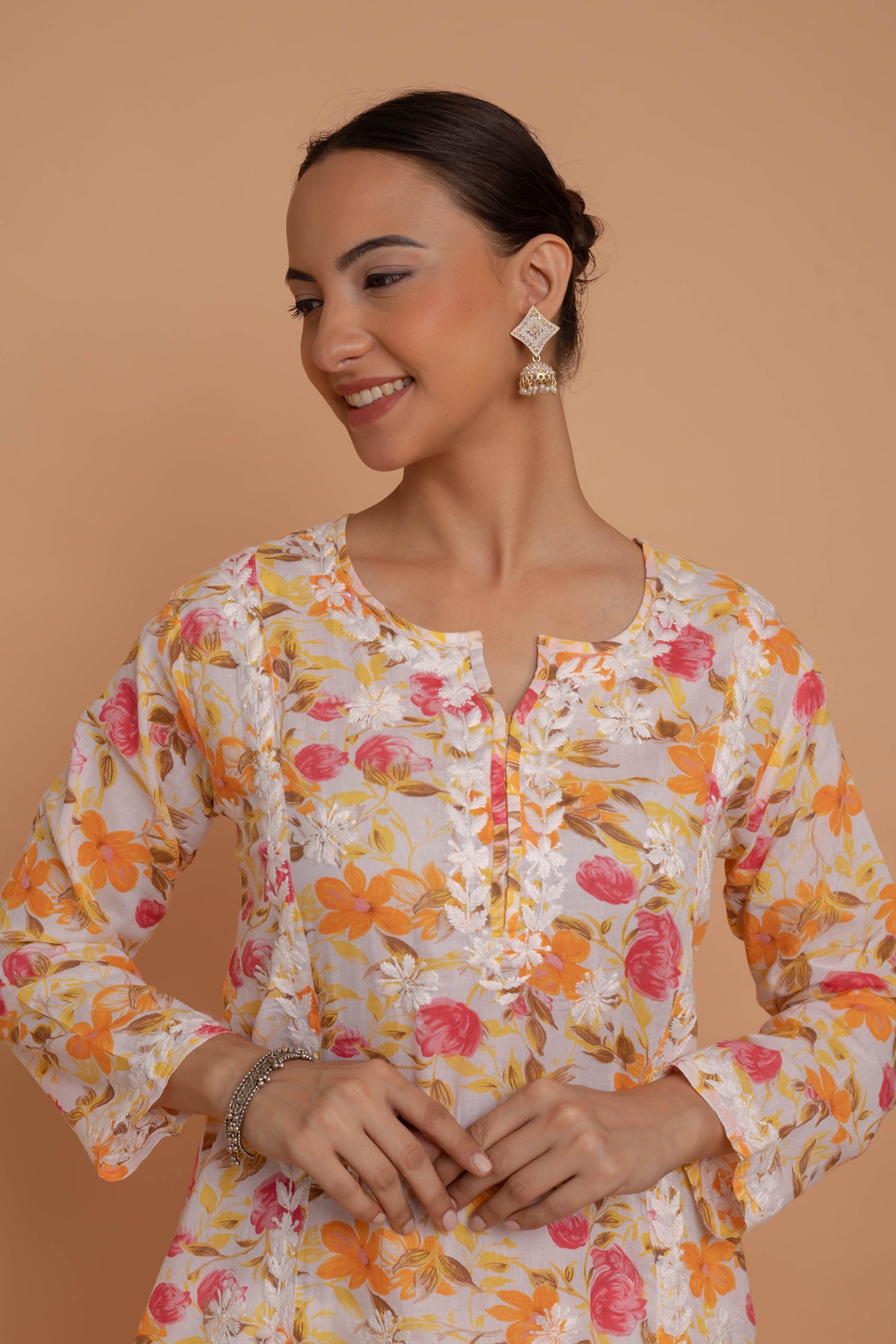 Saba Chikankari Kurta in Mul cotton in Yellow Floral