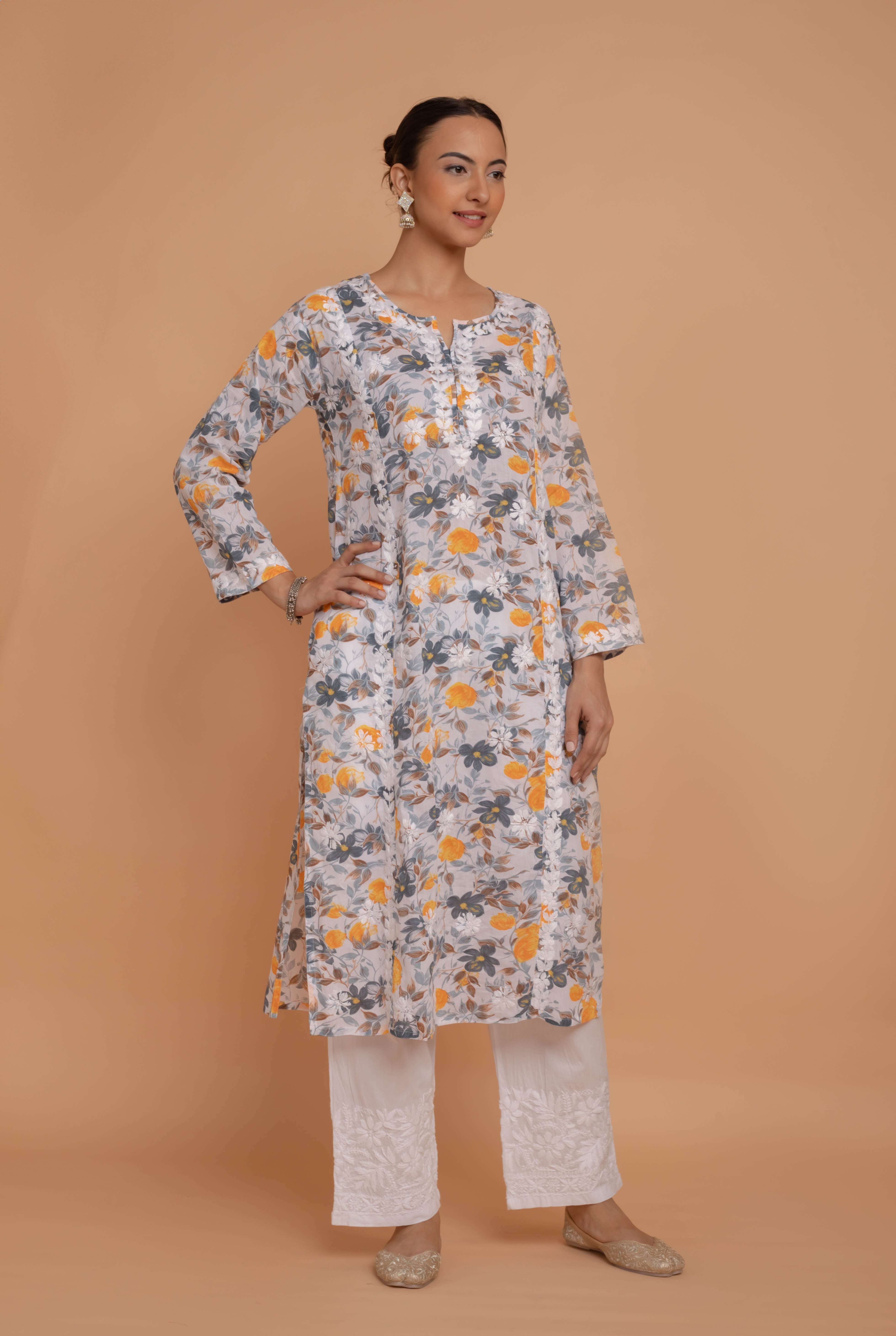 Saba Chikankari Kurta in Mul cotton in Grey Floral