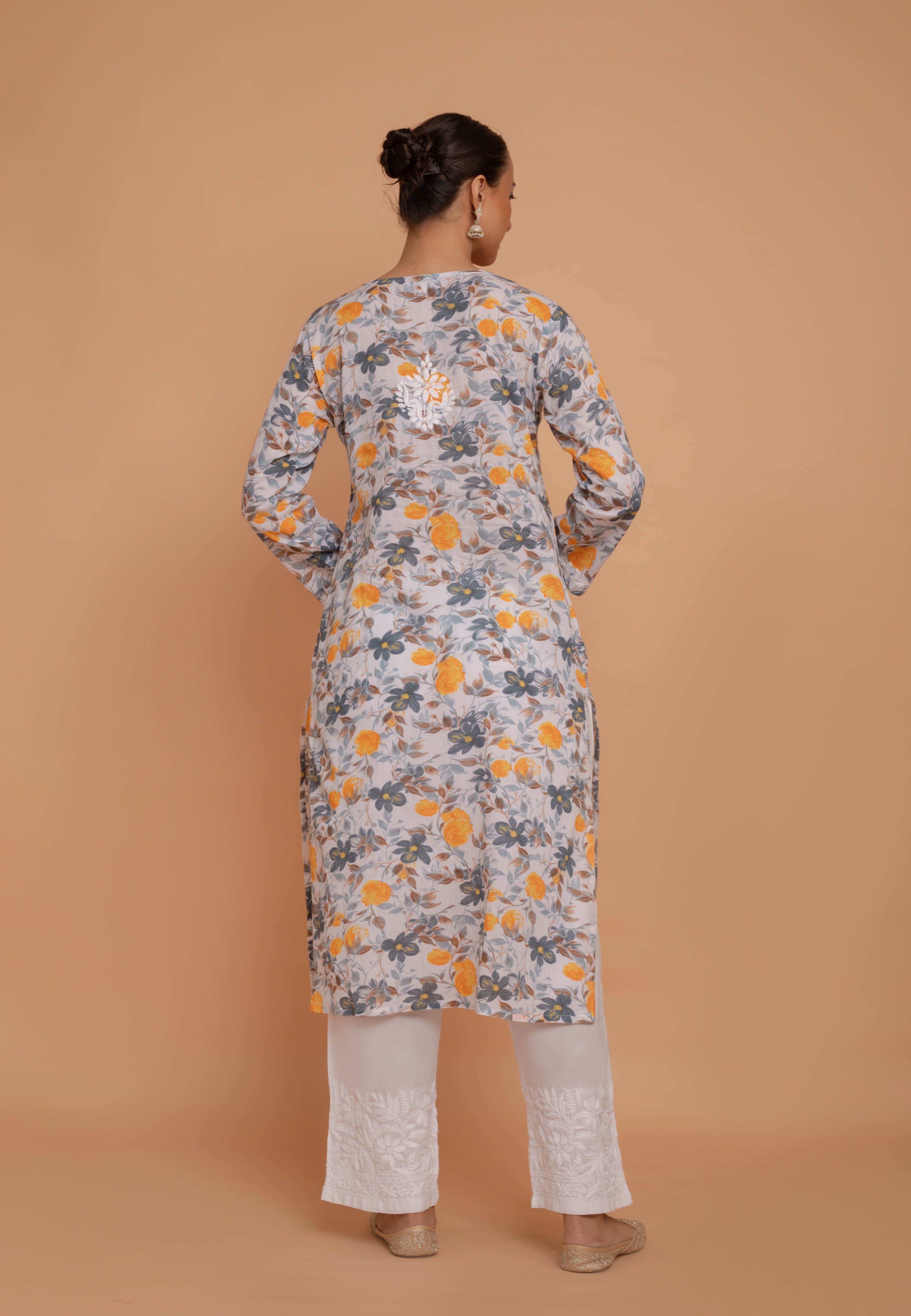 Saba Chikankari Kurta in Mul cotton in Grey Floral