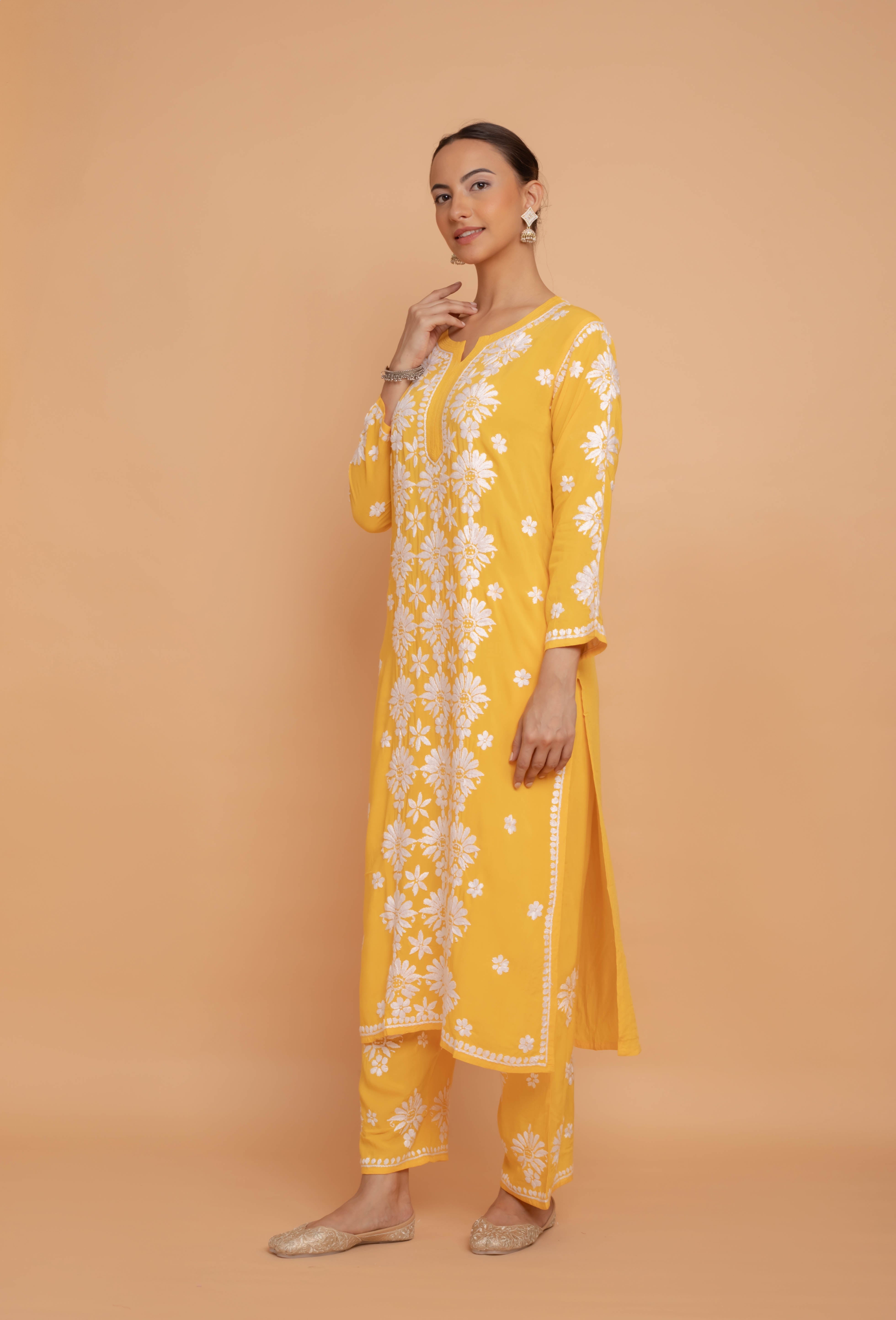 Saba Chikankari Modal Cotton Kurta Set - Mustard
