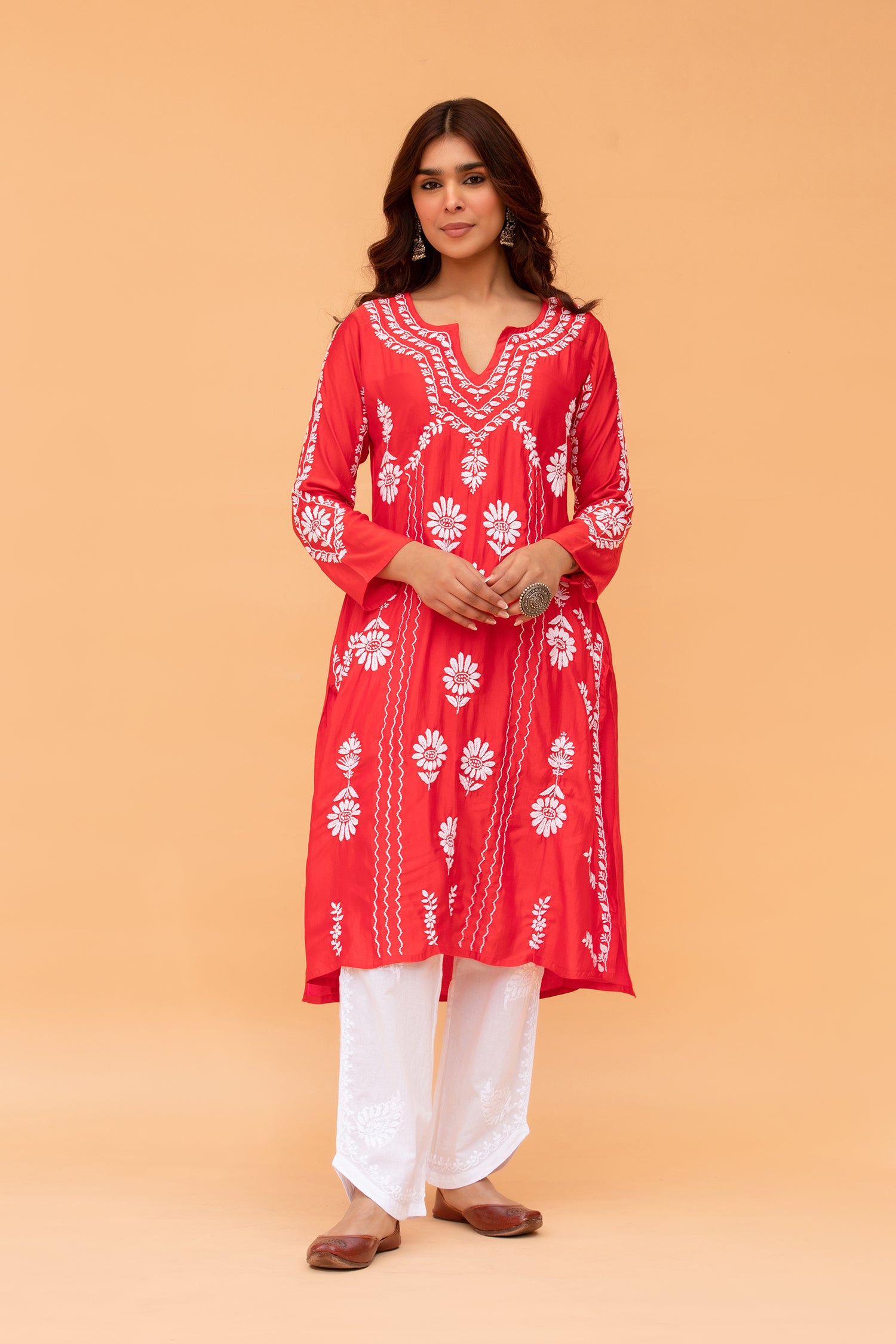Saba Chikankari Long Kurta in Barfi Silk - Red