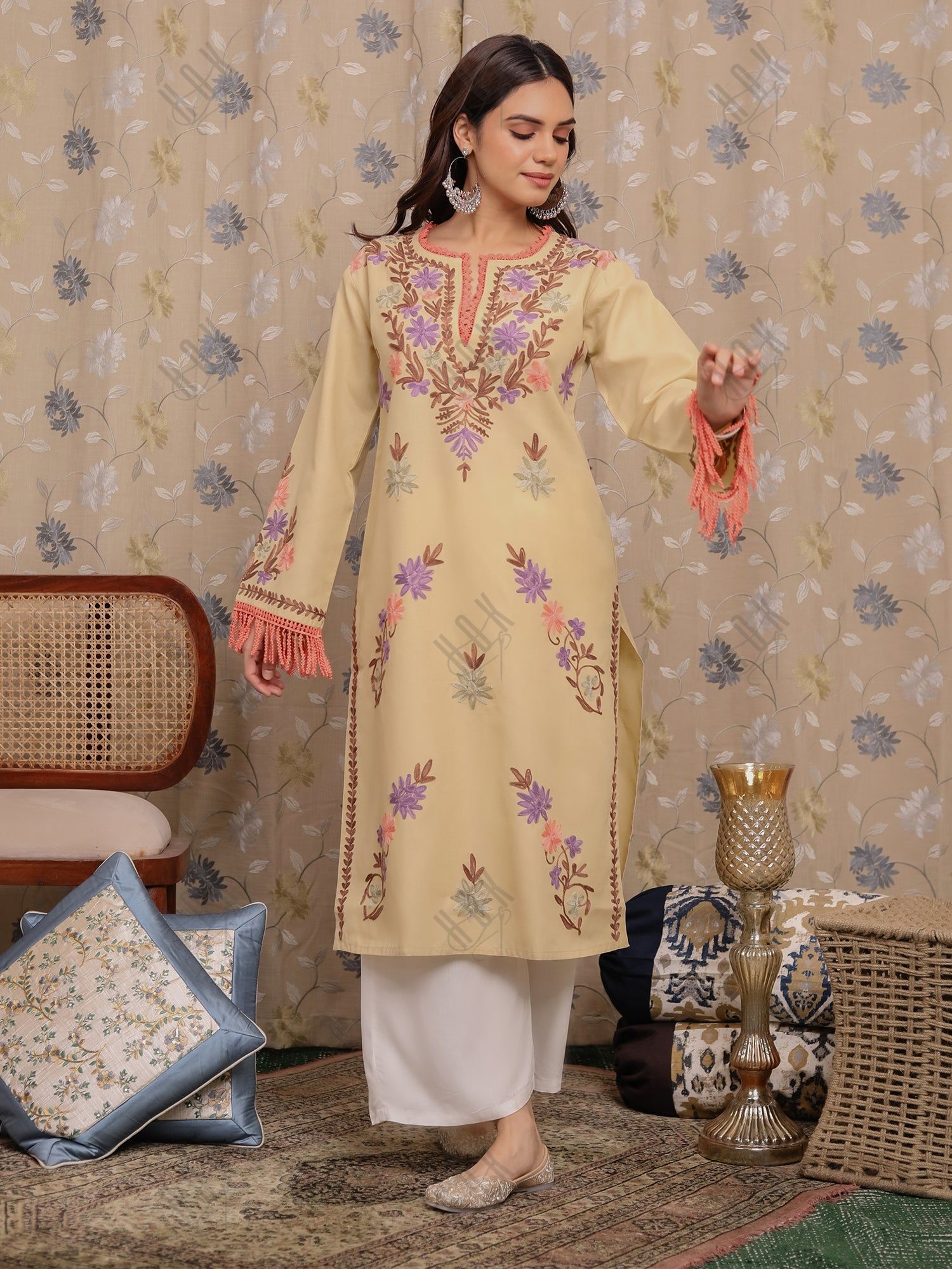 House Of Kari Chikankari Clothing Falak Kashmiri Long Kurta Beige