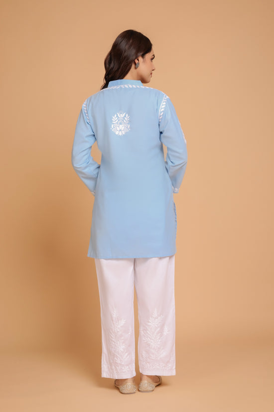 Saba Chikankari Short kurta in Slub cotton - Powder Blue
