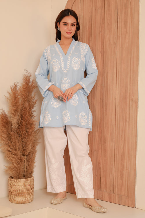 Saba Chikankari Short kurta in Slub cotton - Powder Blue
