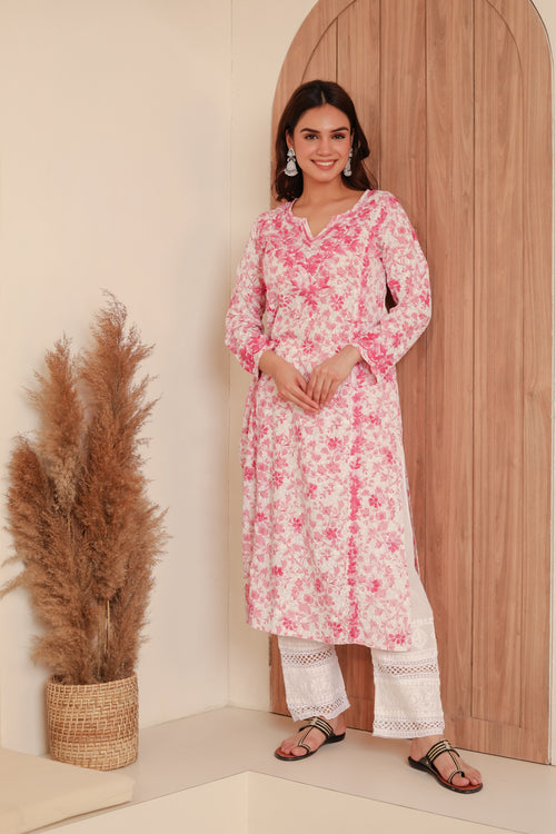 Saba Chikankari Kurta in Mul cotton in Pink Print
