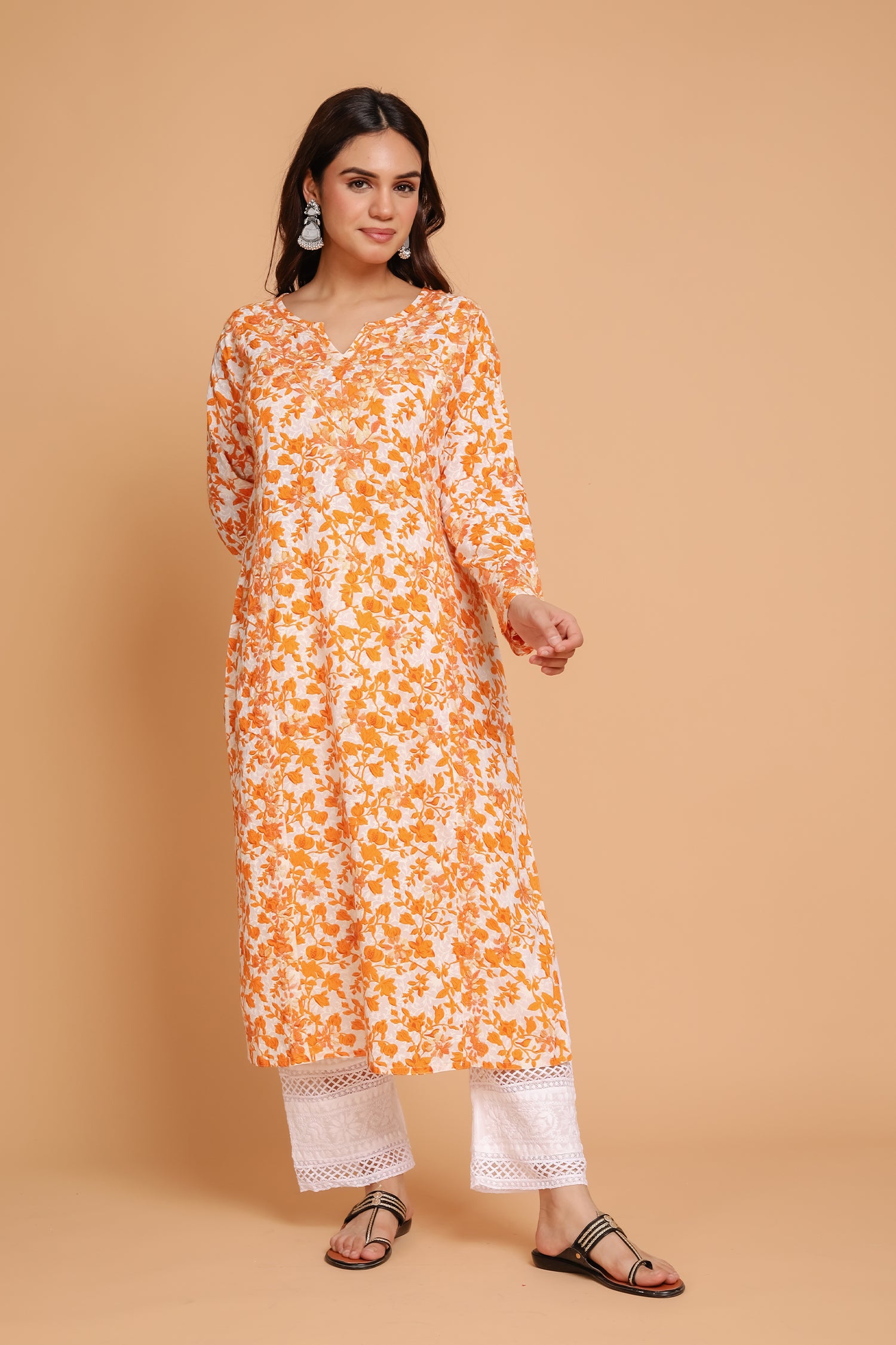 Saba Chikankari Kurta in Mul cotton in Yellow Print