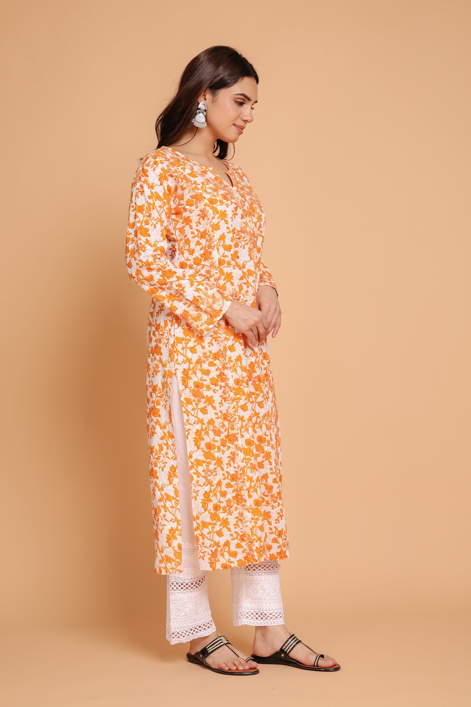Saba Chikankari Kurta in Mul cotton in Yellow Print