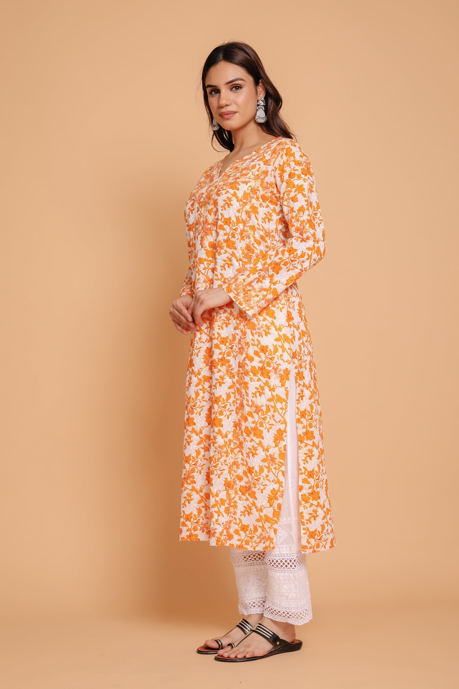 Saba Chikankari Kurta in Mul cotton in Yellow Print