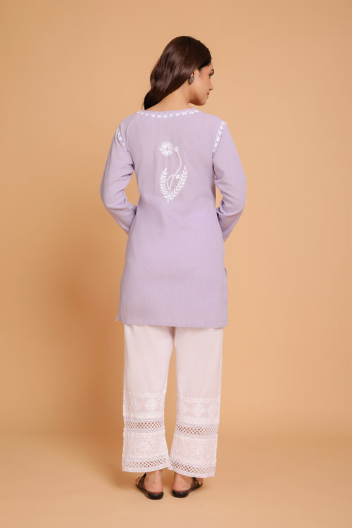 Saba Chikankari Short kurta in Slub cotton - Lilac