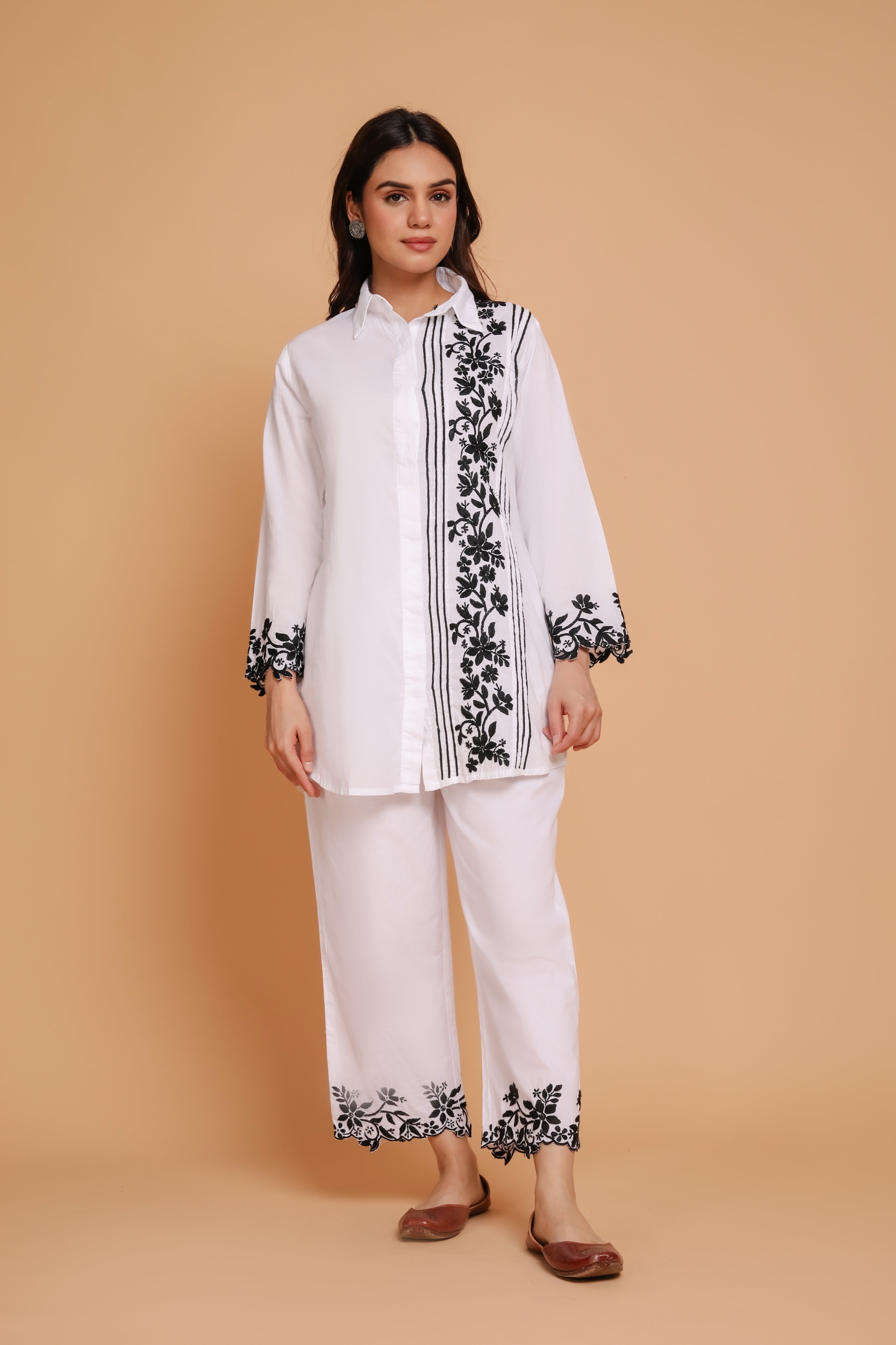 Saba Chikankari Co-ord Set in Cotton Cambric - White With Black