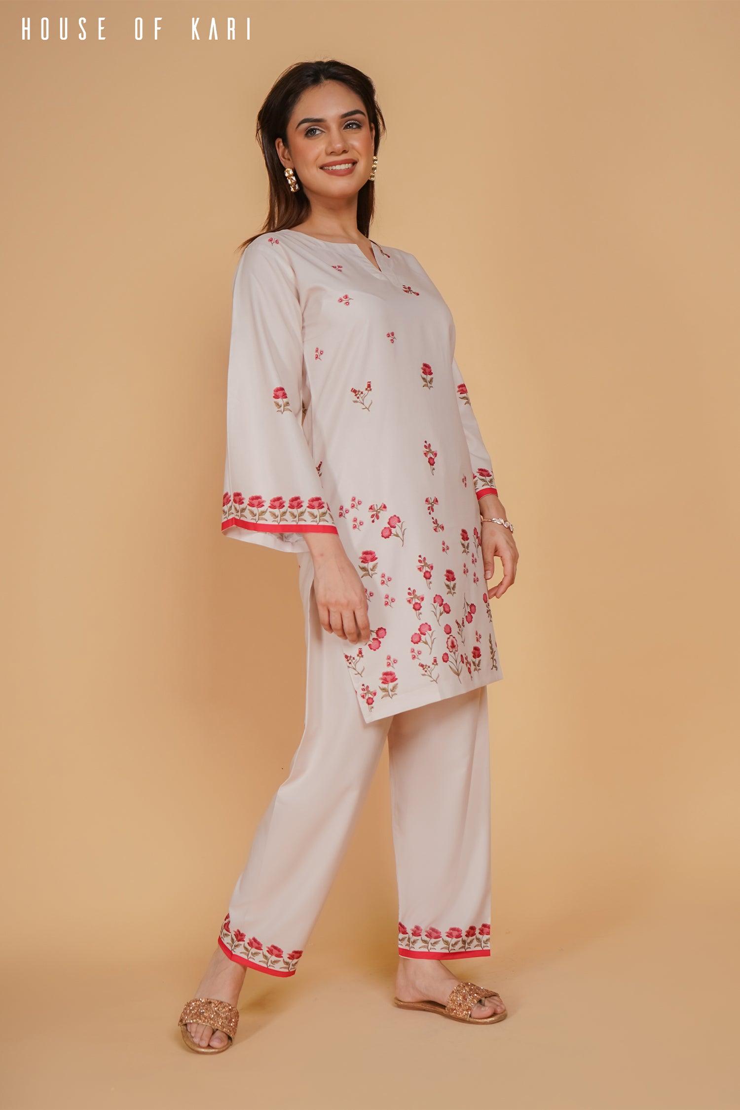 Anureet in Printkari Poly Muslin Co-ord set in Off White Red