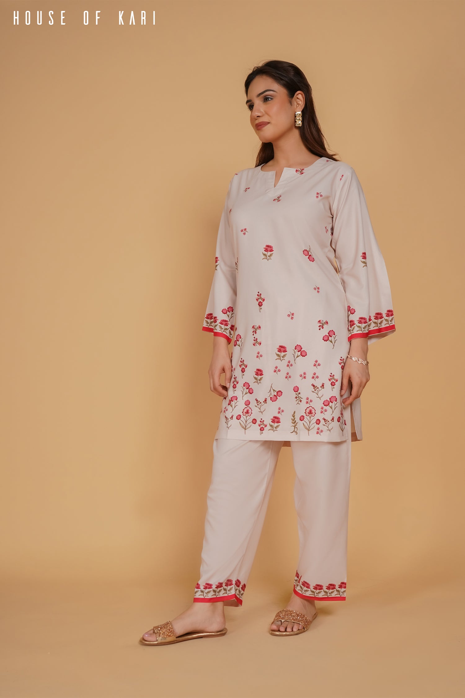 Anureet in Printkari Poly Muslin Co-ord set in Off White Red