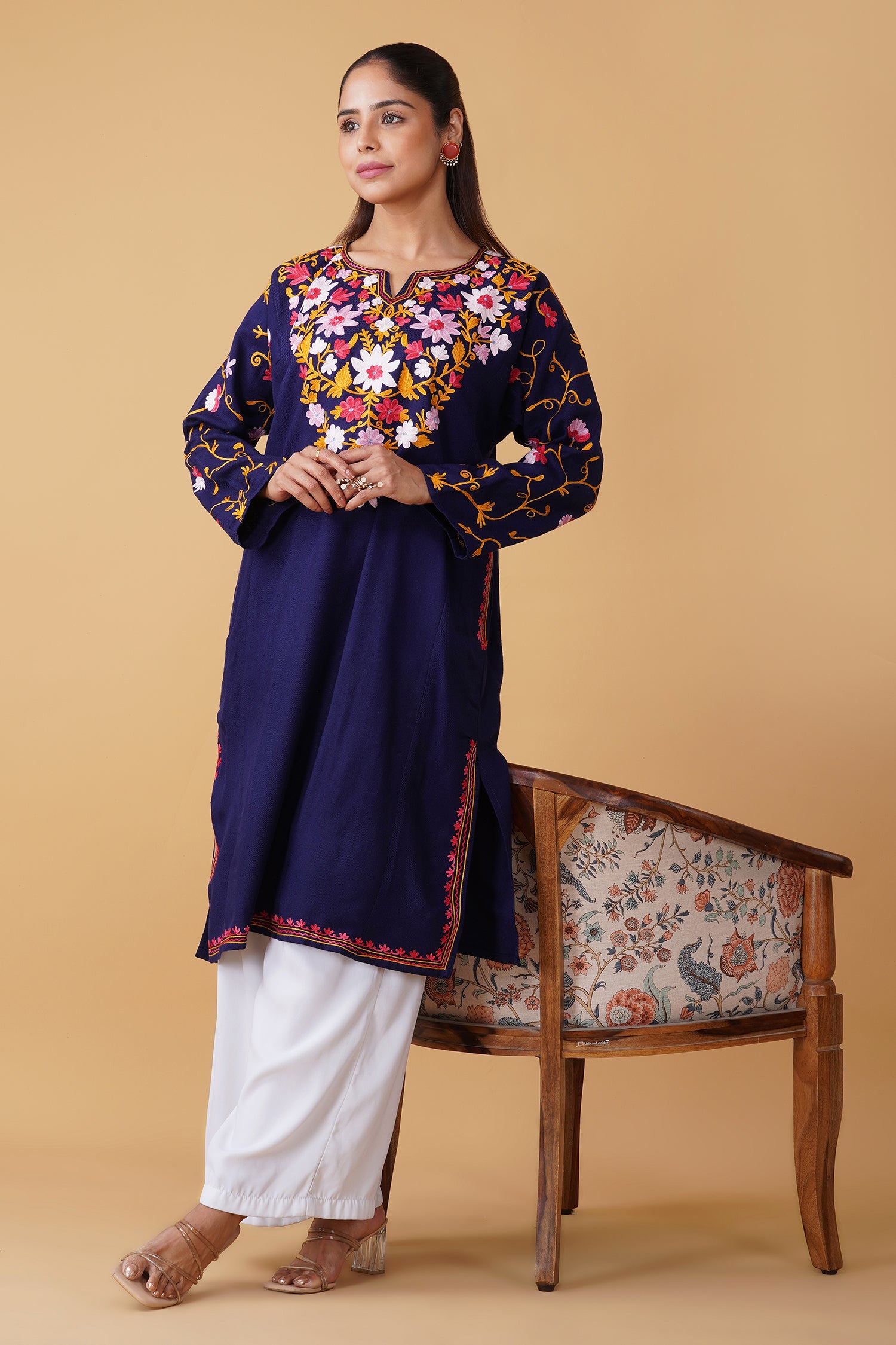 Woolen Phiran in Kashmiri Aari Embroidery - Blue