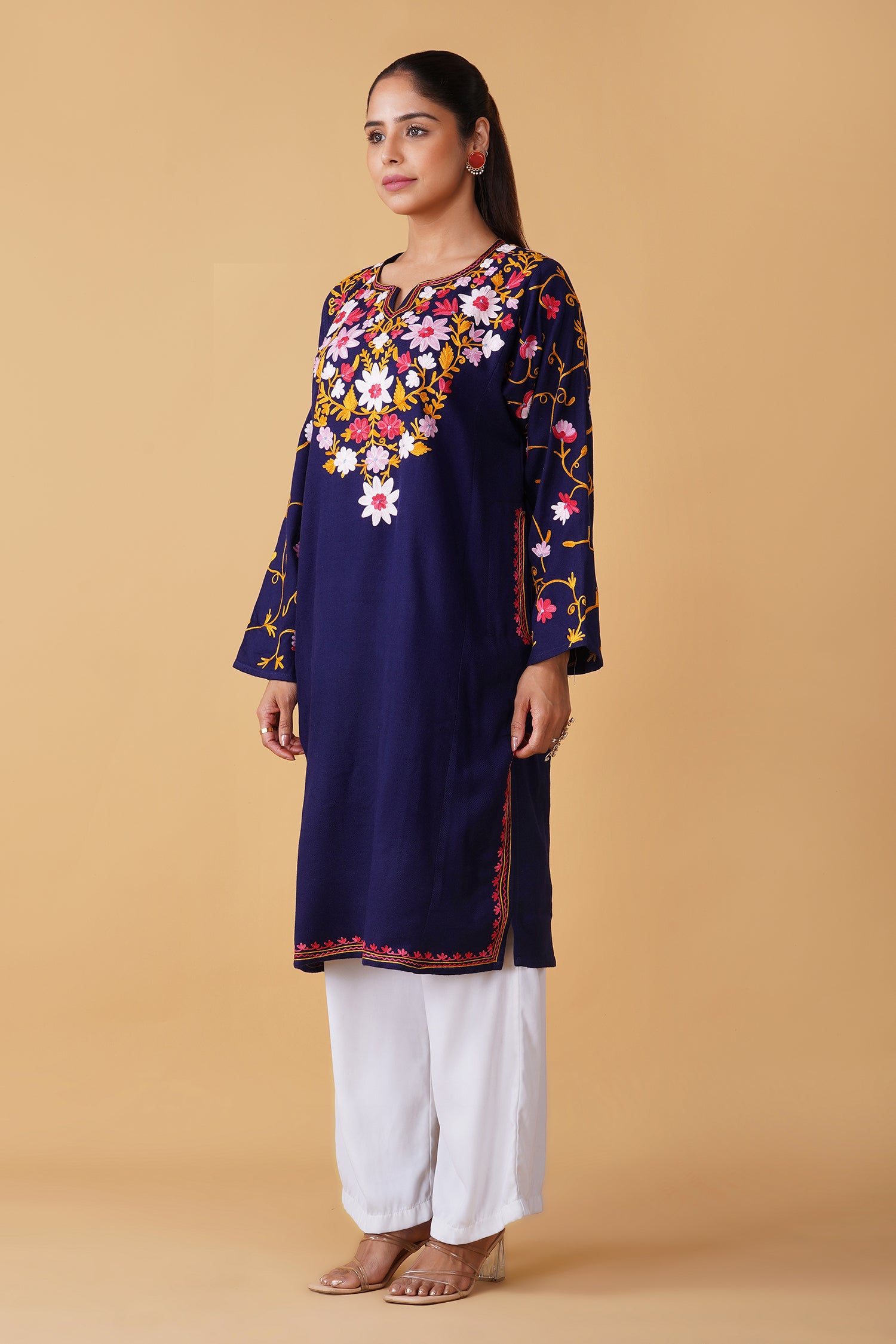 Woolen Phiran in Kashmiri Aari Embroidery - Blue