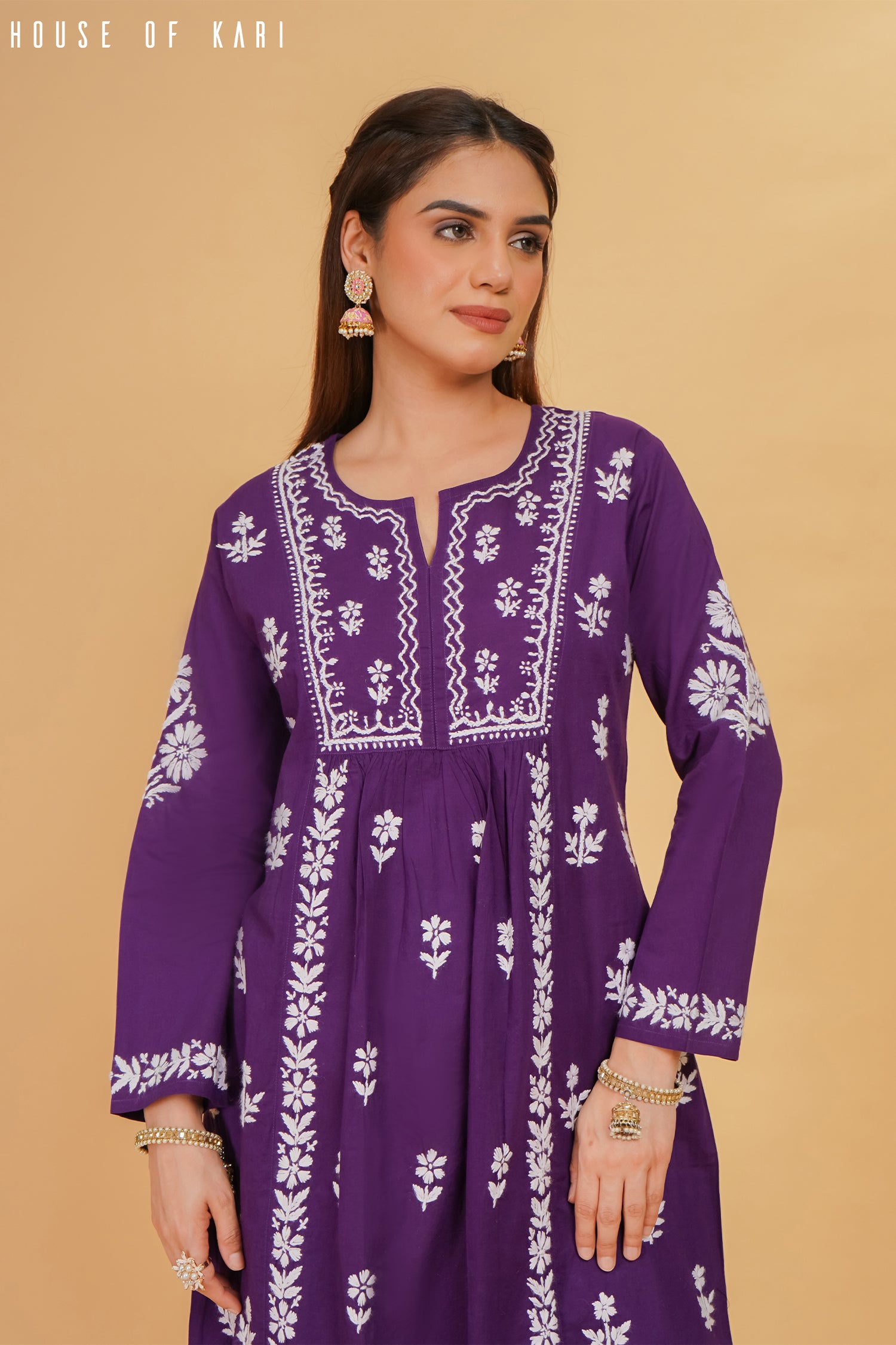 Cotton Chikankari Flared Kurta in Purple