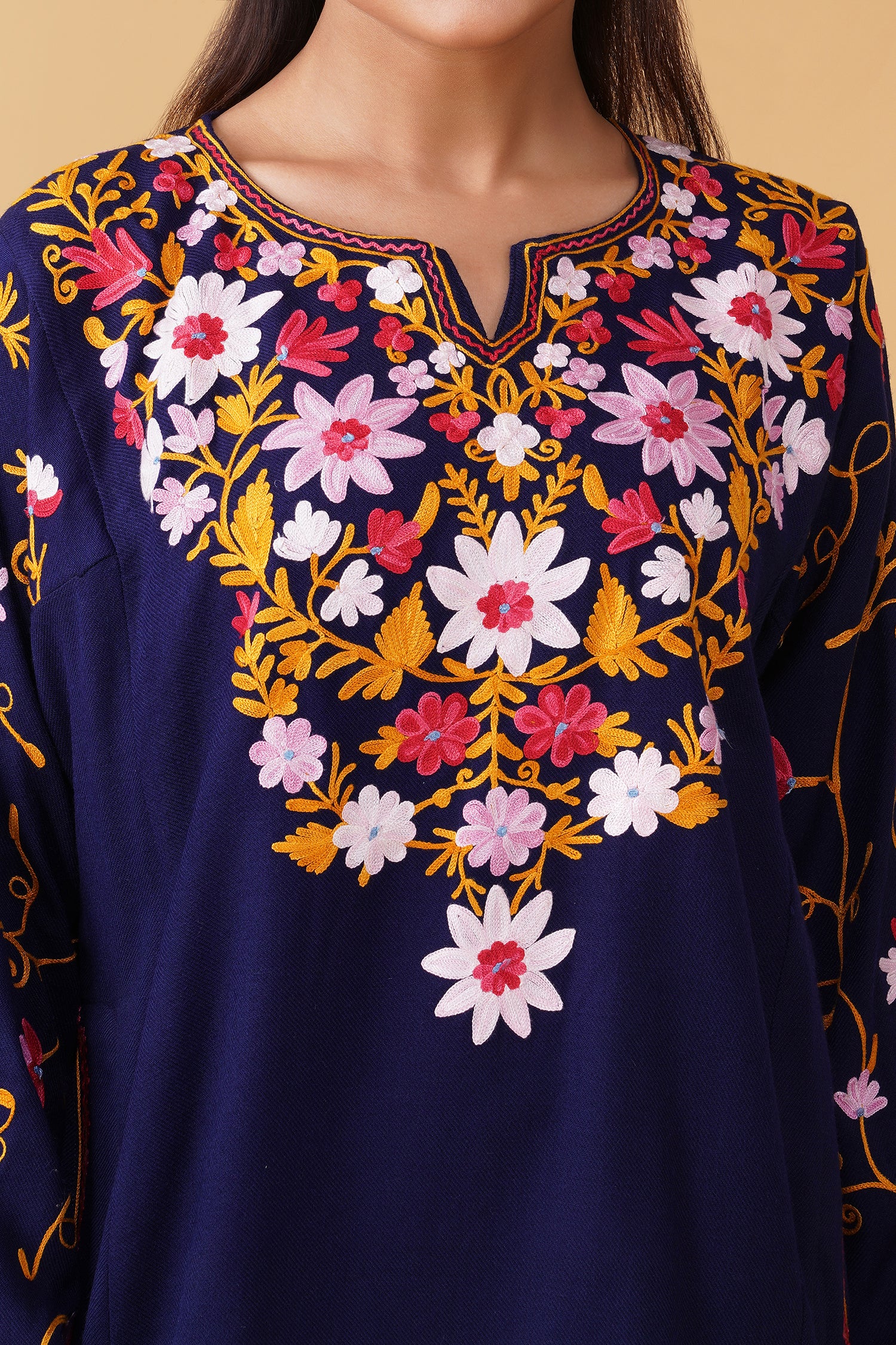 Woolen Phiran in Kashmiri Aari Embroidery - Blue