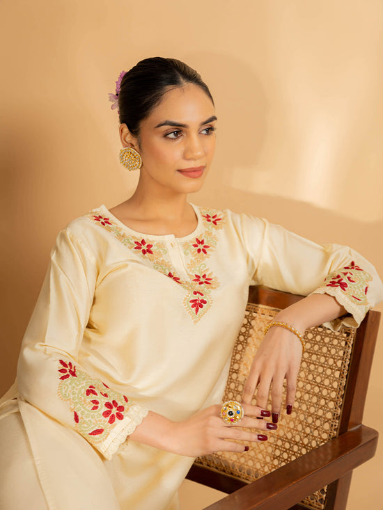 Saba Chikankari Chanderi Silk Kurta Set for Women - Beige