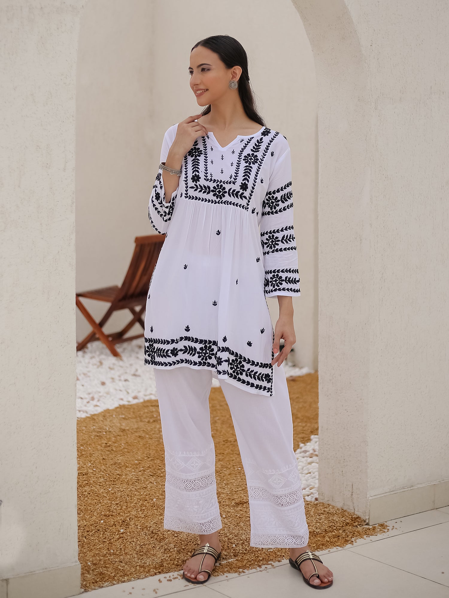 Saba Chikankari Short Kurta in Rayon cotton - White With Black