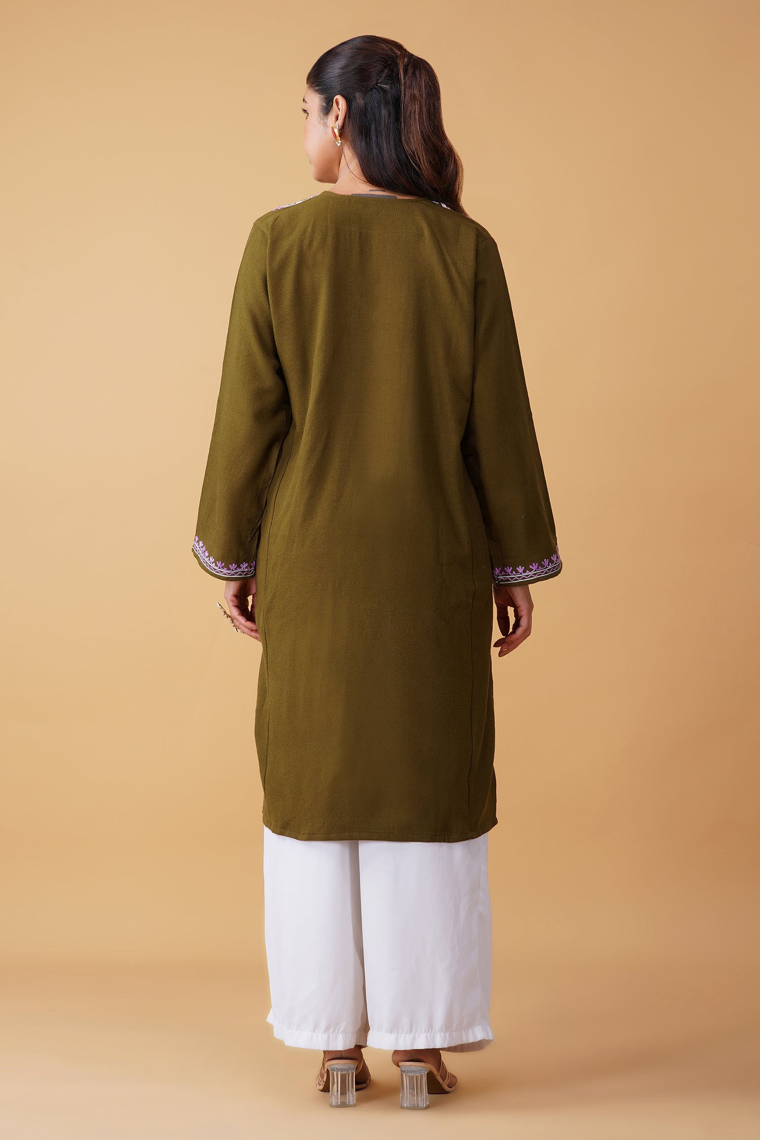 Woolen Phiran in Kashmiri Aari Embroidery - Green