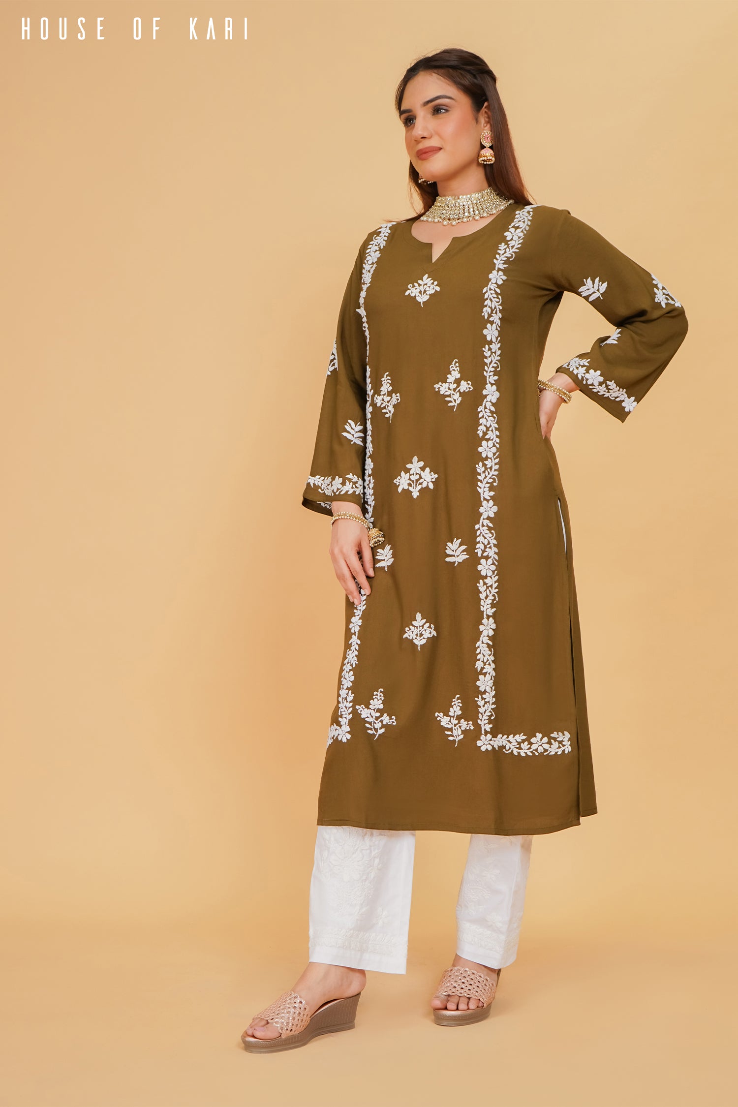 Rayon Chikankari Straight Kurta in Olive Brown