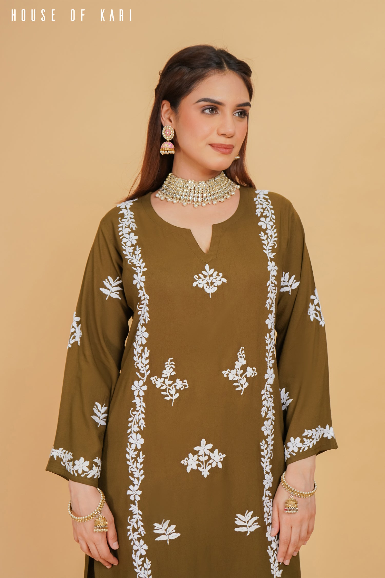 Rayon Chikankari Straight Kurta in Olive Brown