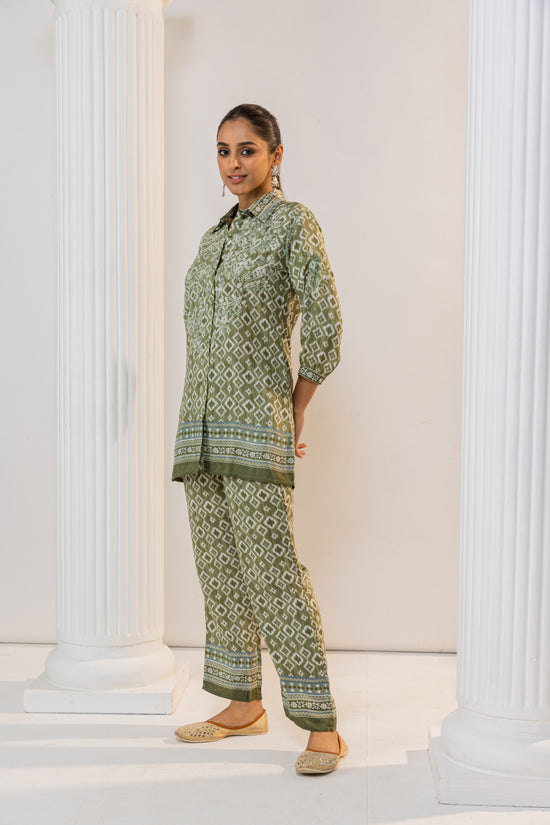 Fizaa Green Silk Print Set with White Hand Embroidery