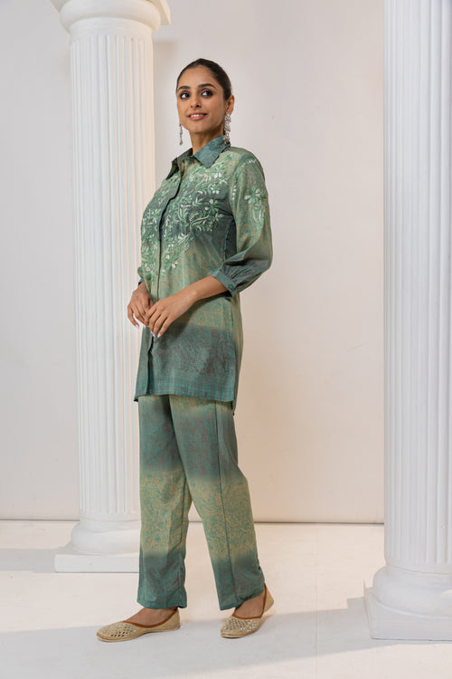 Fizaa Green Poly Silk Set with Exquisite Golden Hand Embroidery