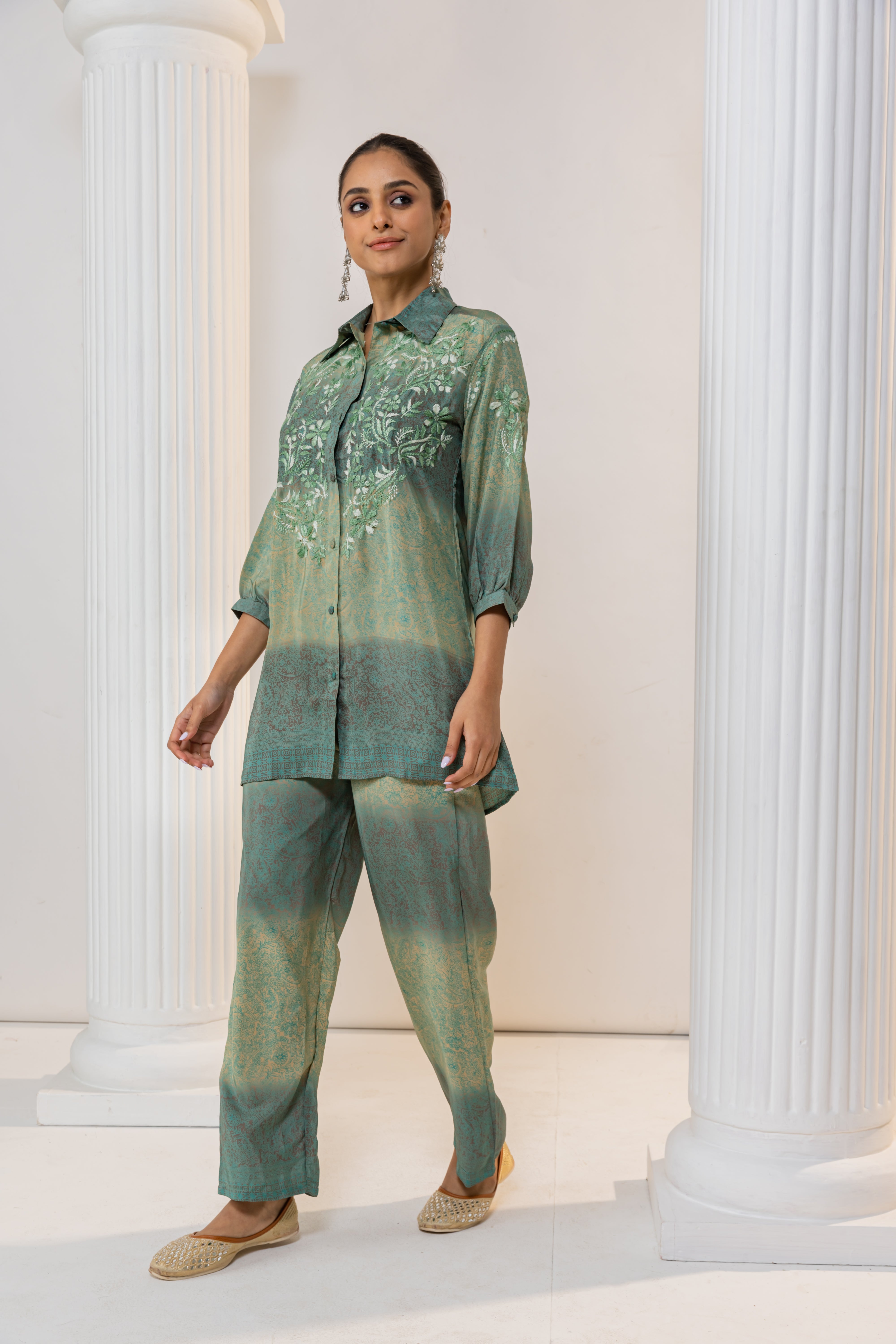 Fizaa Green Poly Silk Set with Exquisite Golden Hand Embroidery