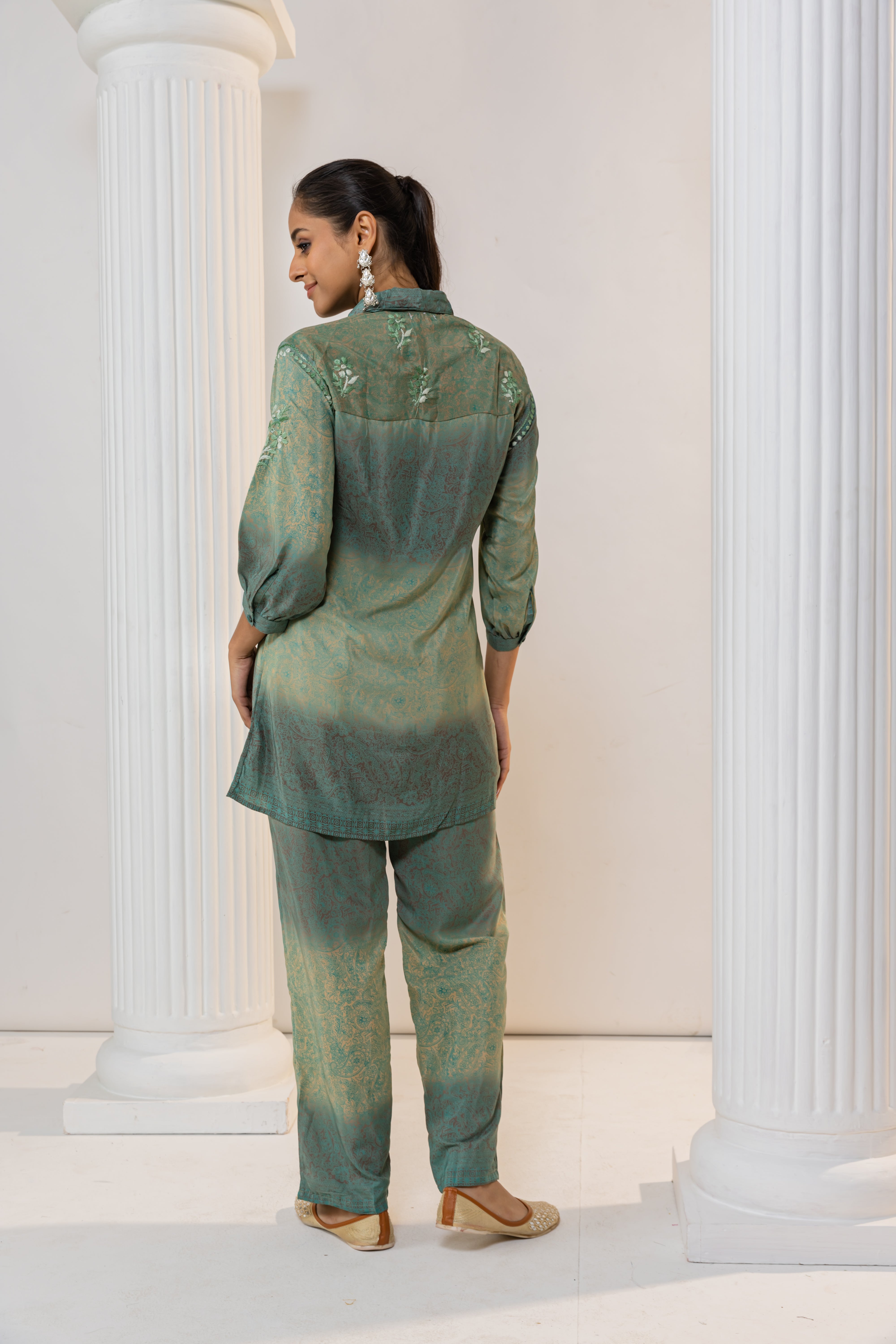 Fizaa Green Poly Silk Set with Exquisite Golden Hand Embroidery