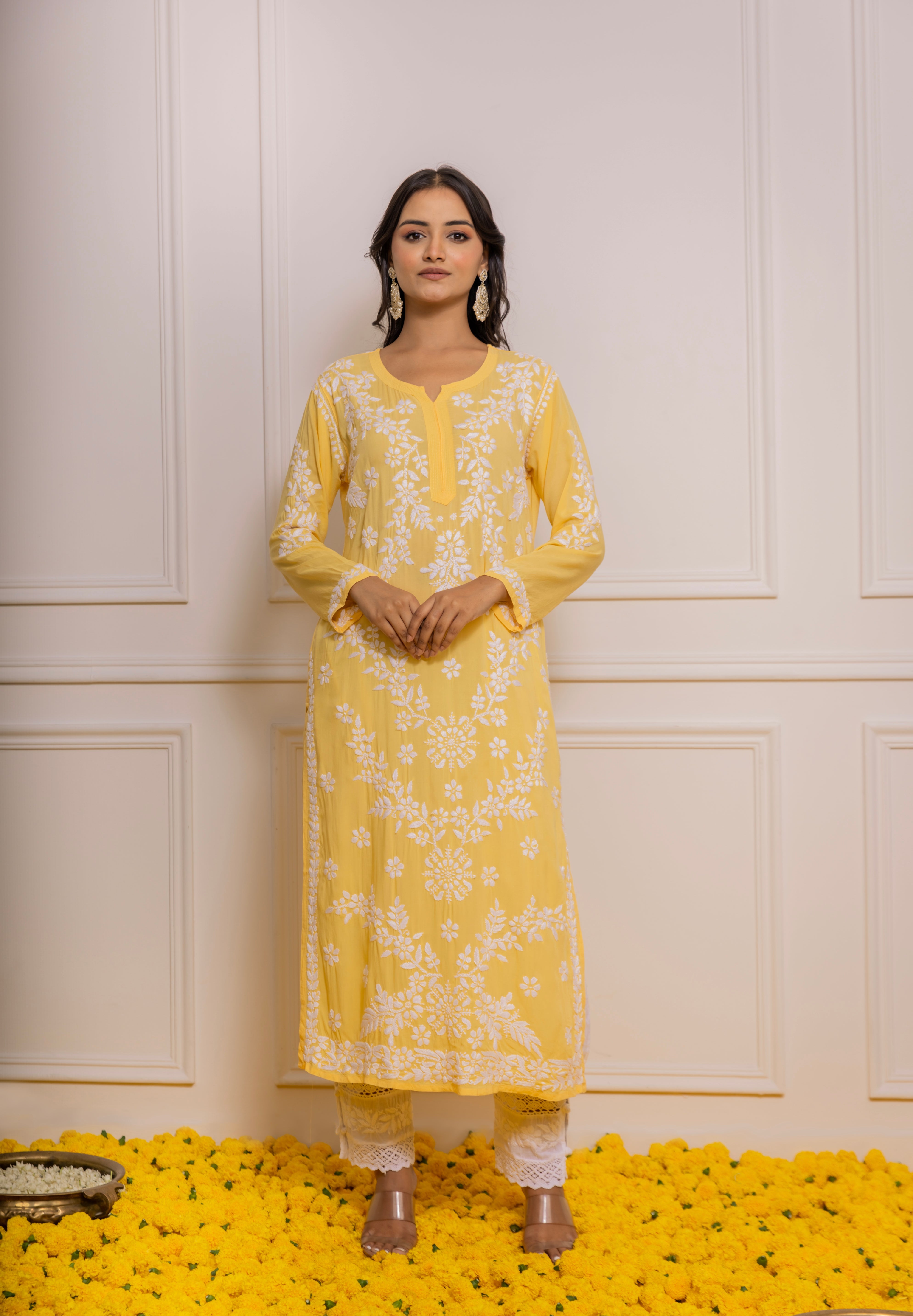 Fizaa Chikankari Long Kurti In Modal Cotton for Women- Yellow