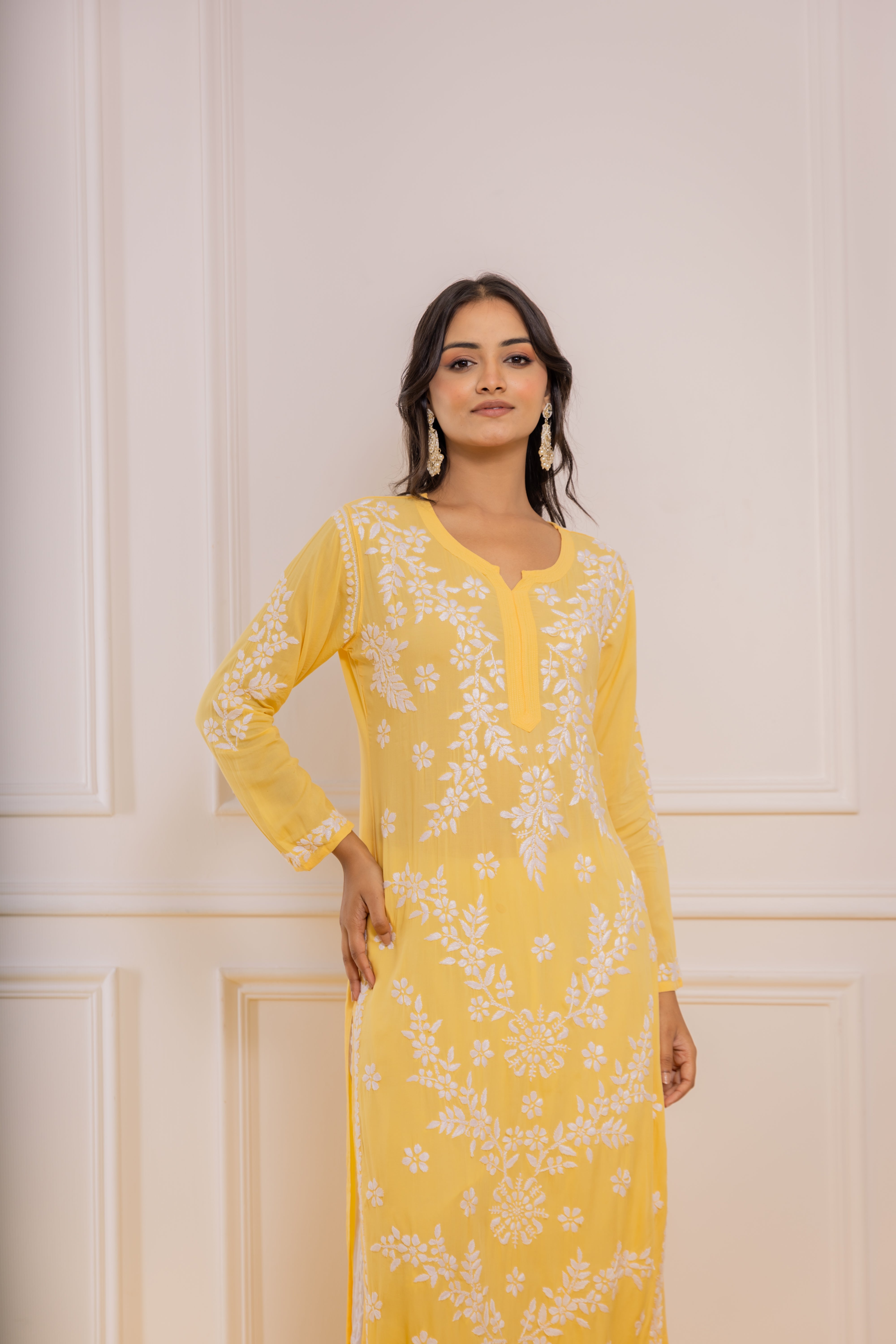 Fizaa Chikankari Long Kurti In Modal Cotton for Women- Yellow