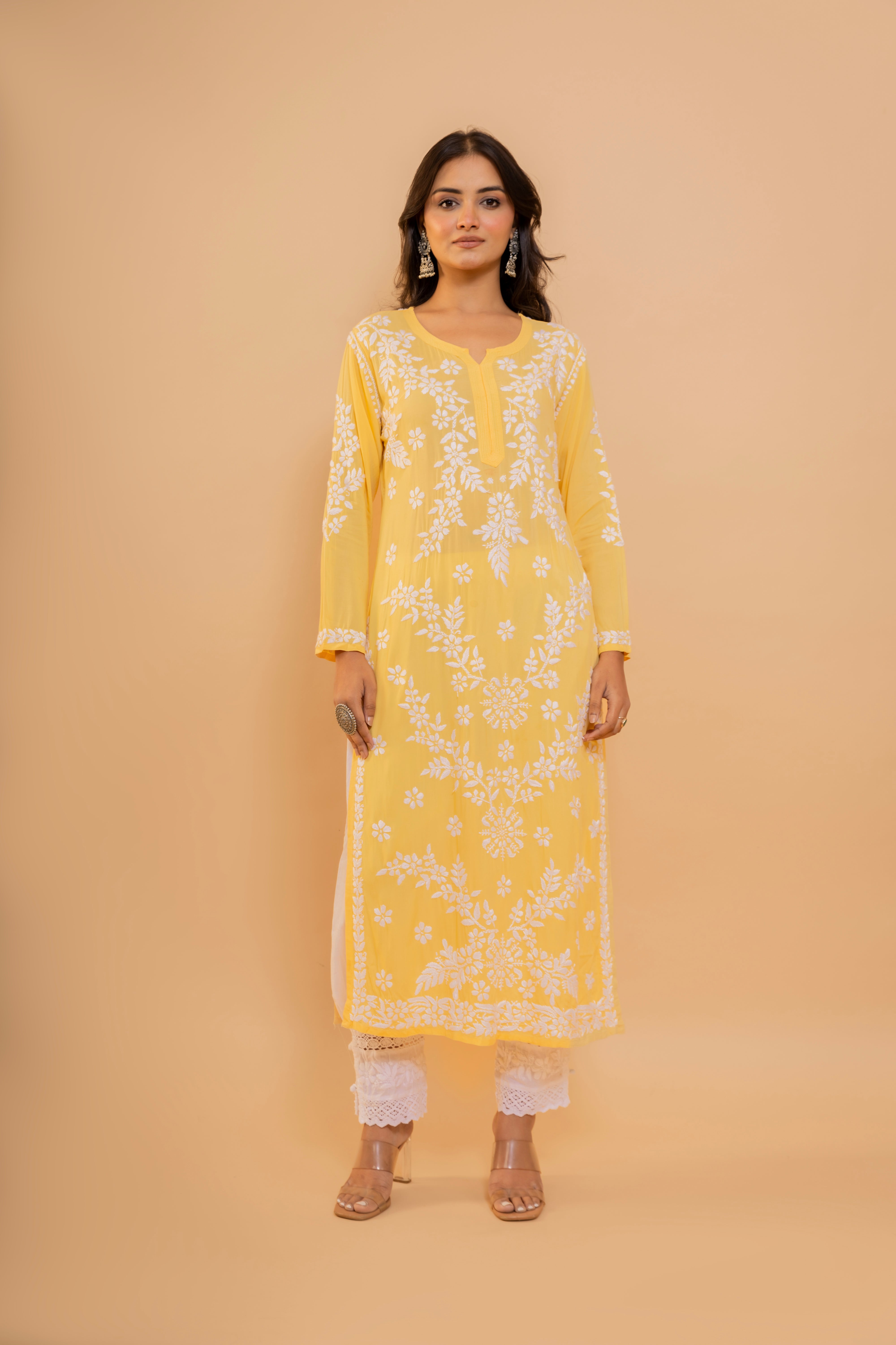Fizaa Chikankari Long Kurti In Modal Cotton for Women- Yellow