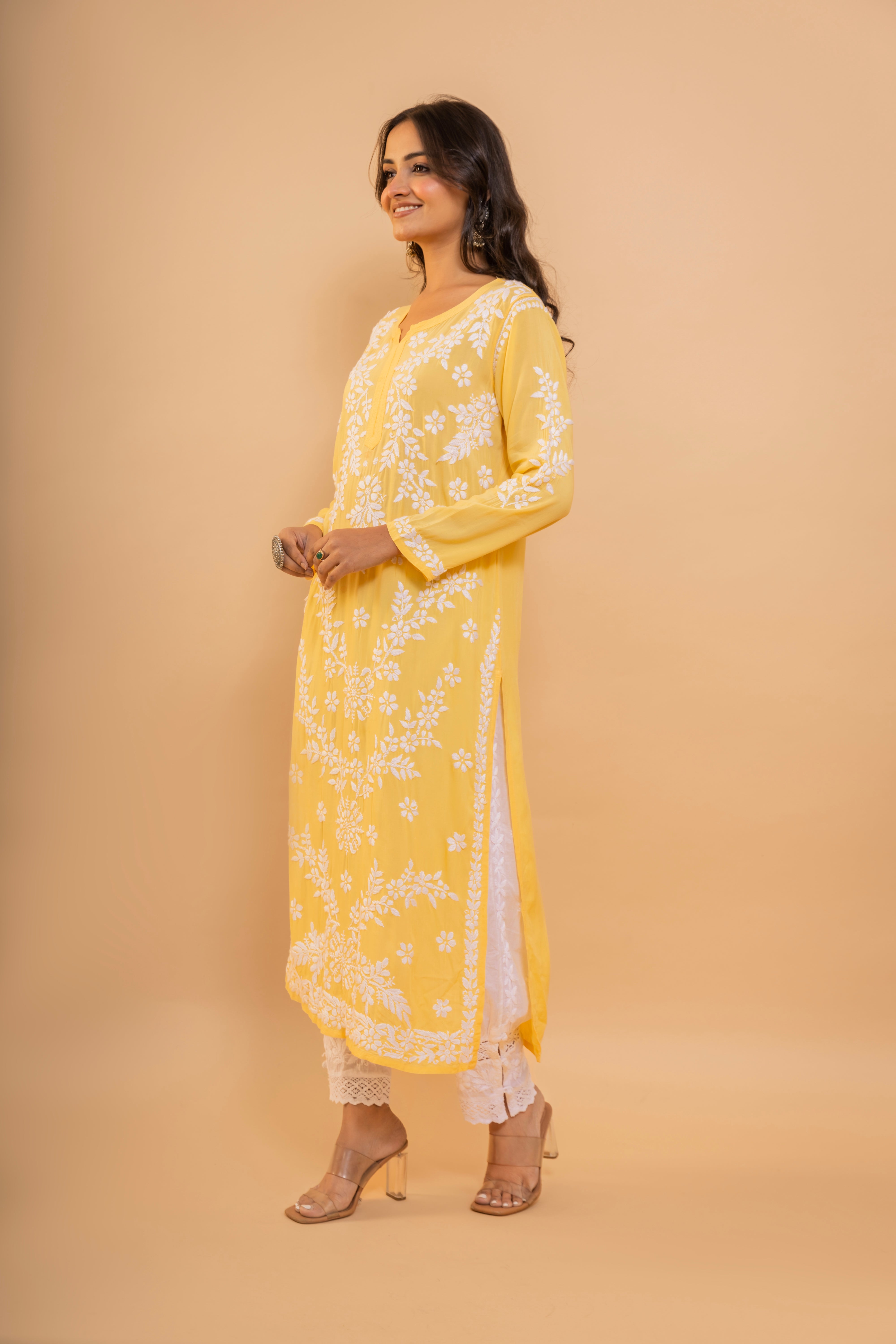 Fizaa Chikankari Long Kurti In Modal Cotton for Women- Yellow