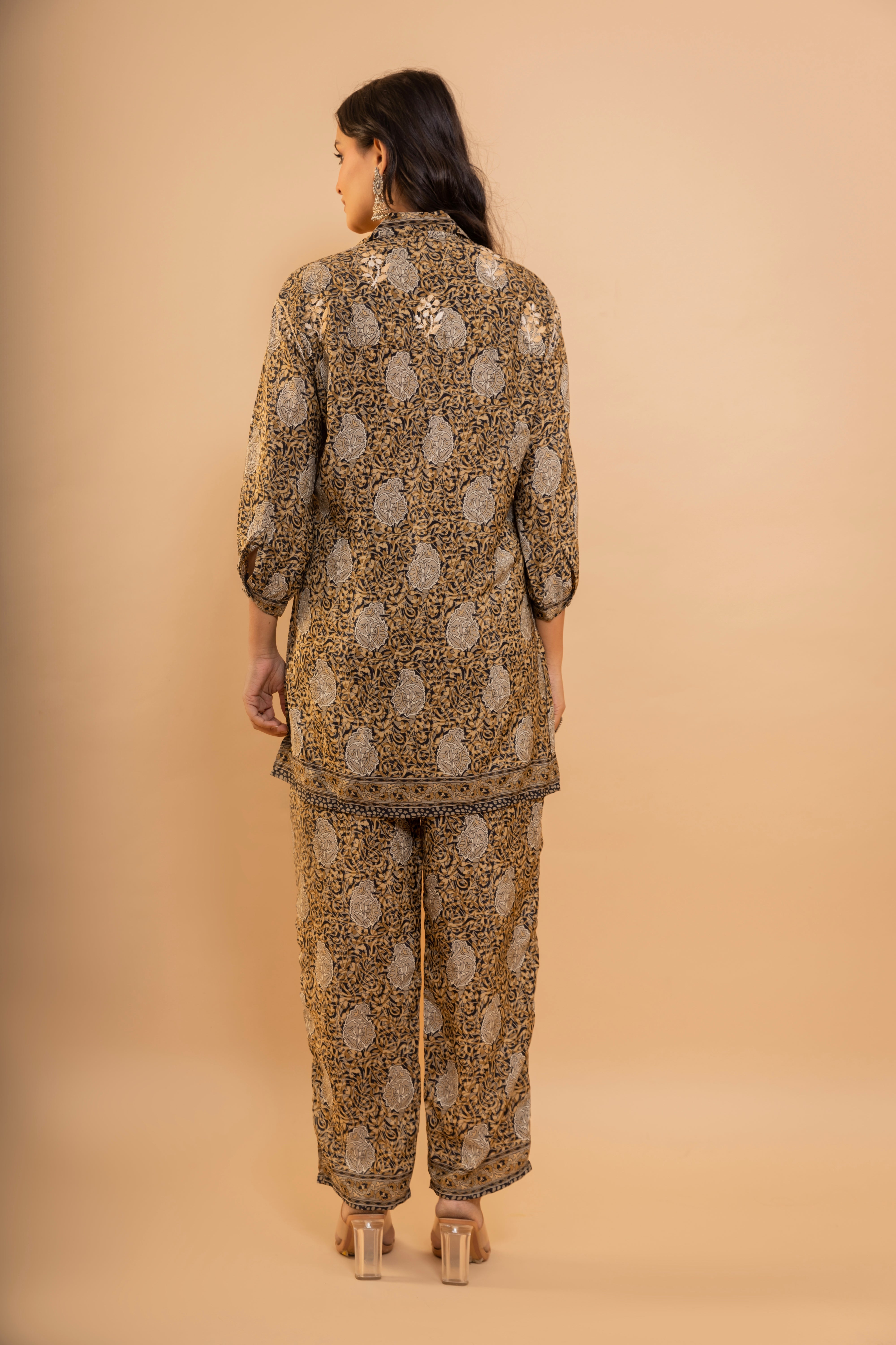 Fizaa Black and Golden Polysilk Print Set with Beige Hand Embroidery