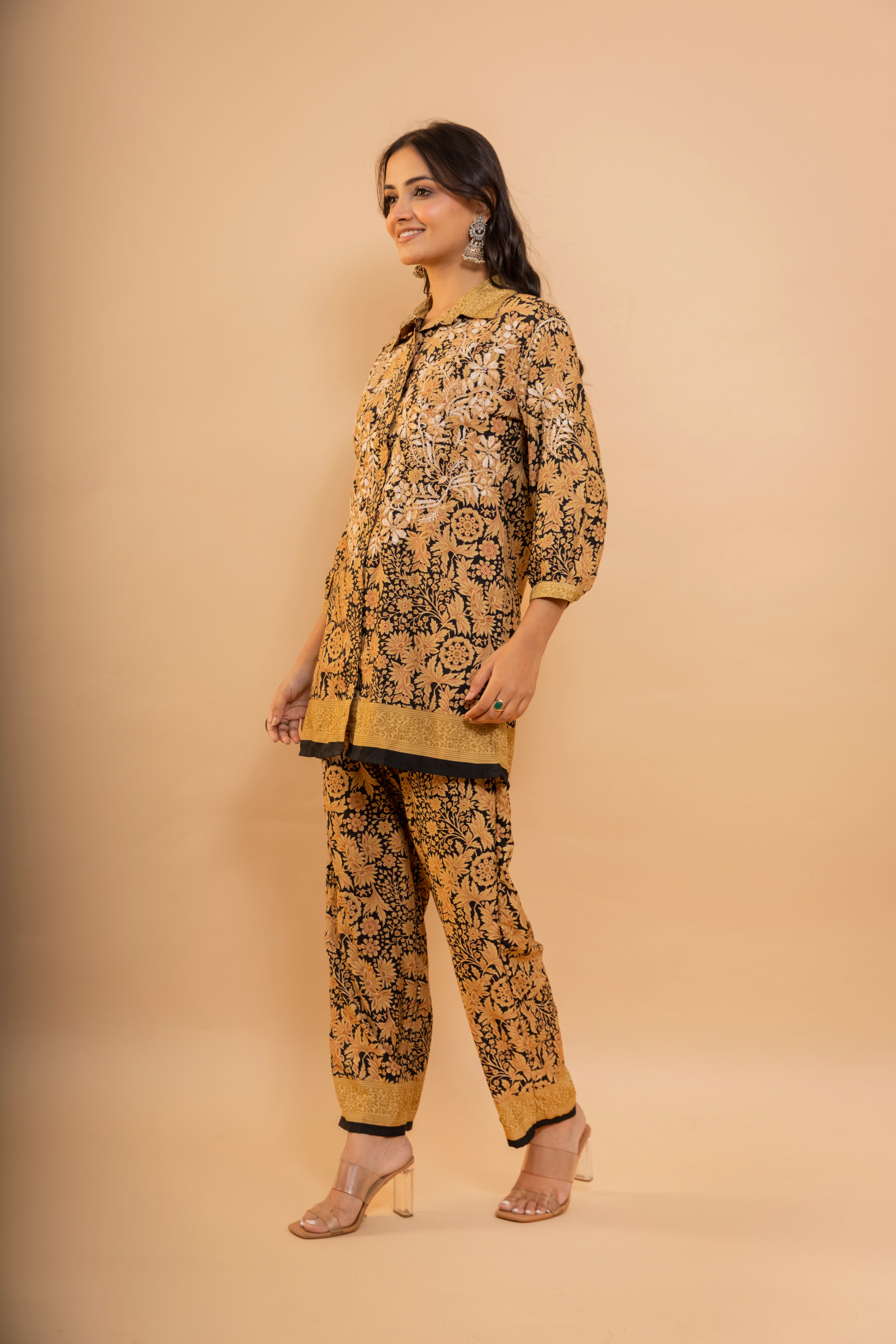 FIzaa Black and Golden Silk Print Set with Beige Hand Embroidery