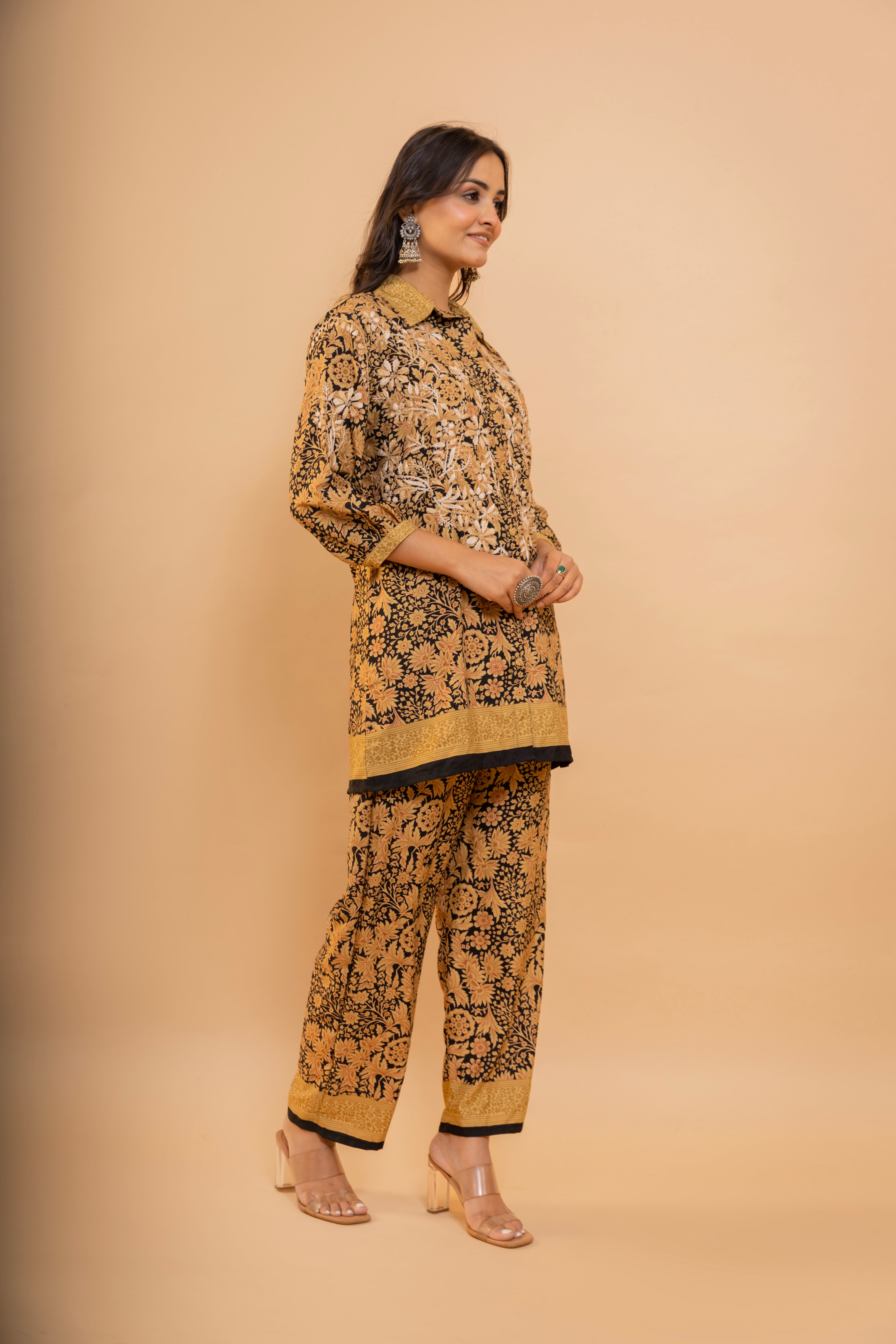FIzaa Black and Golden Silk Print Set with Beige Hand Embroidery