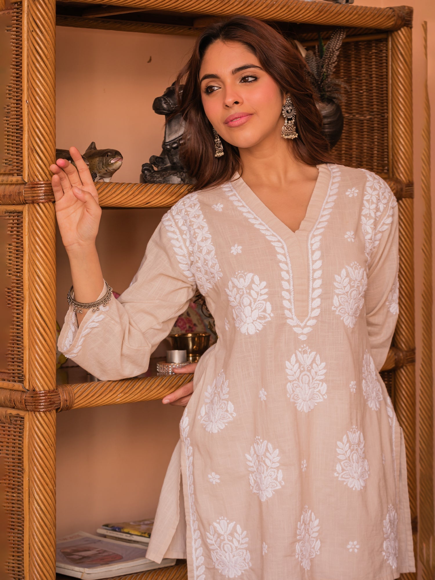 Saba Chikankari Short kurta in Slub cotton - Beige