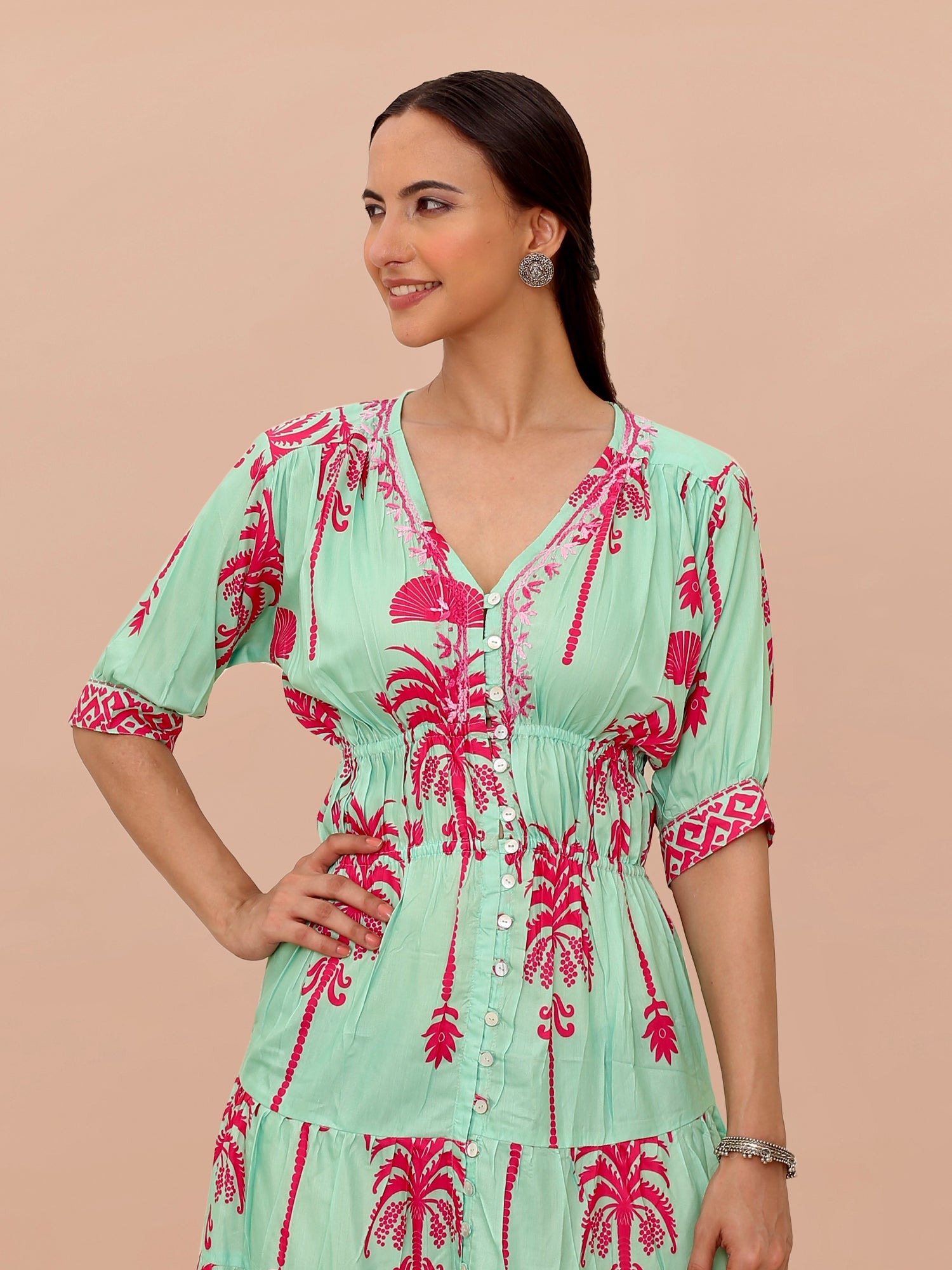 Saba Chikanakri Dress in Printed Poly Muslin - Tourquise blue