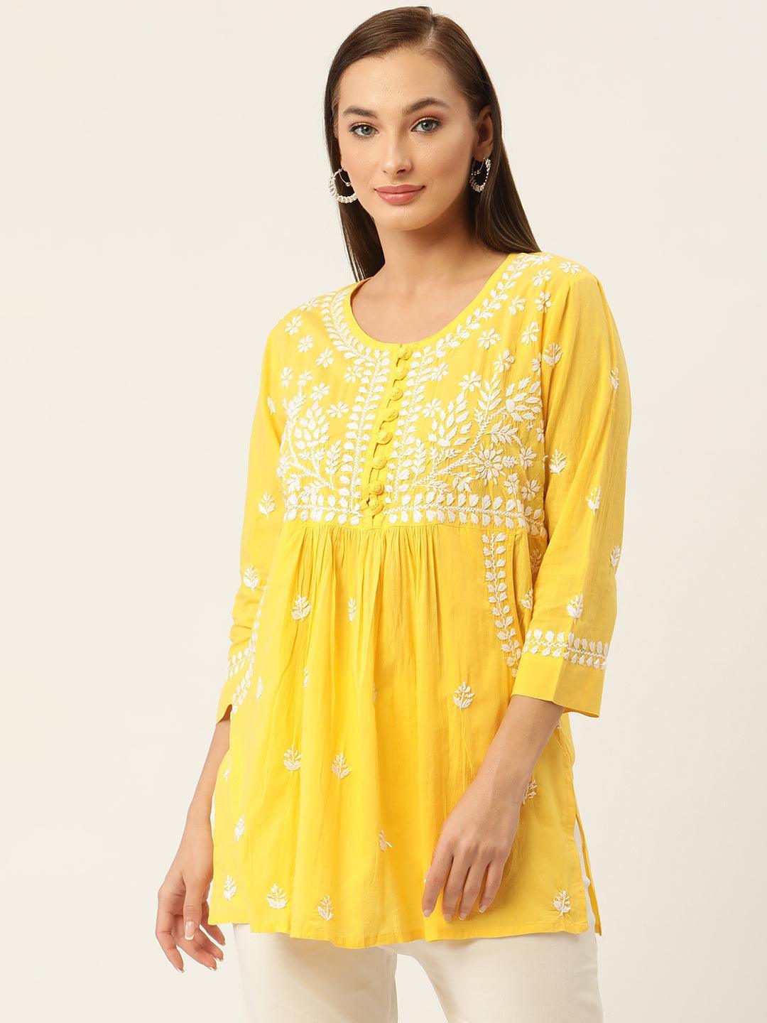 Hand Embroidery Chikankari Tunic for Women - Yellow - House Of Kari (Chikankari Clothing)