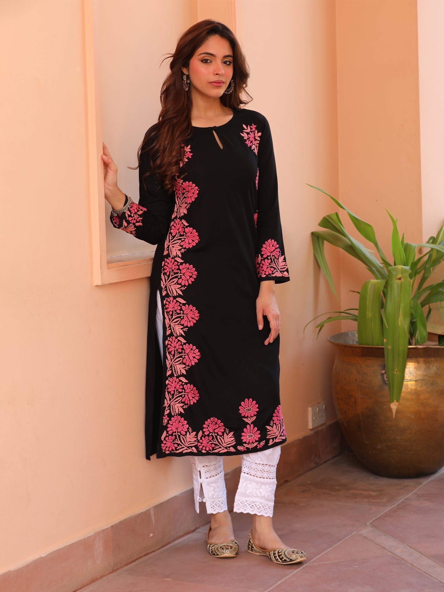 Saba Chikankari Long Kurta in Rayon Cotton - Black