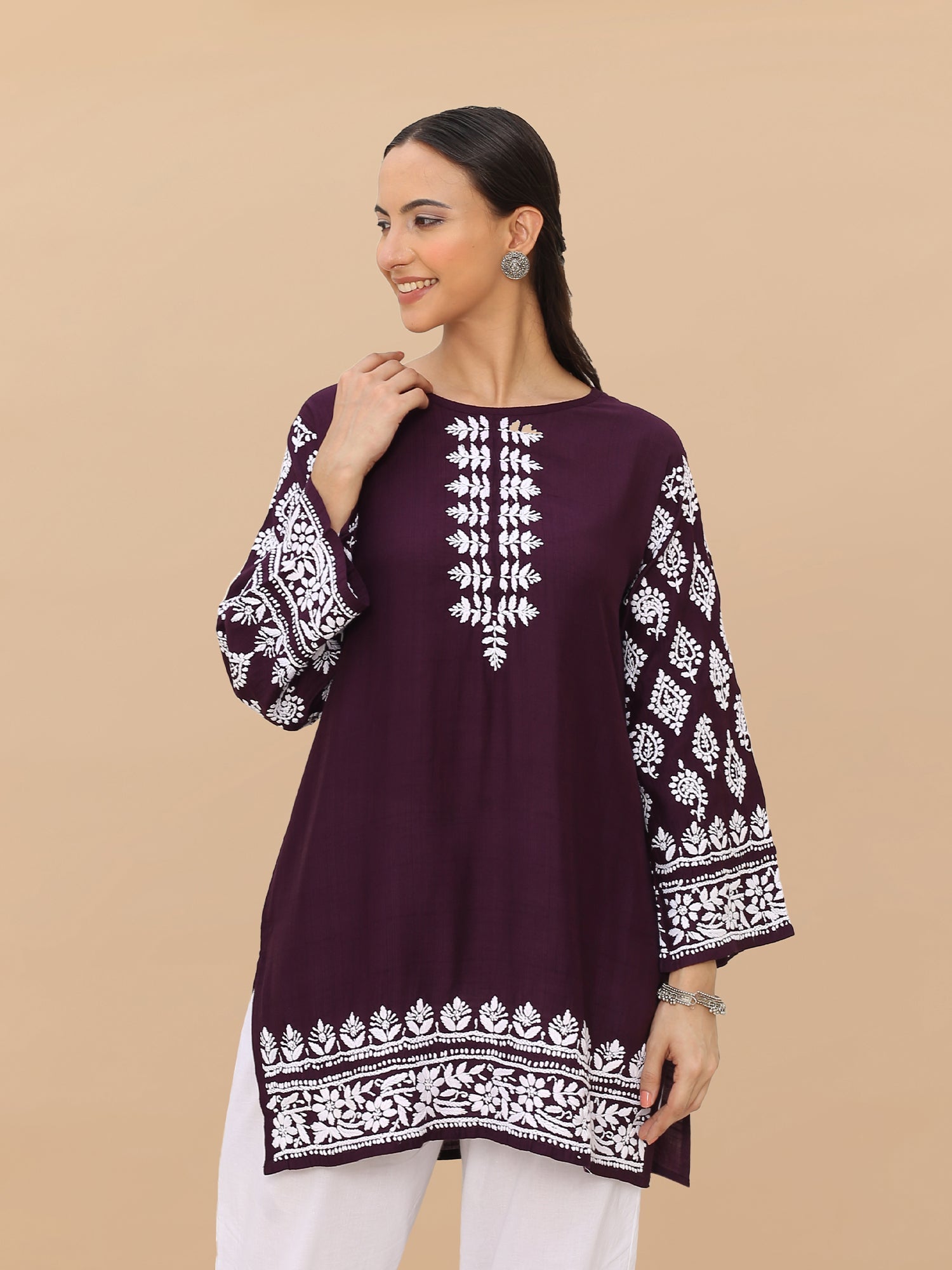 Saba Chikankari Short kurta in Modal Silk - Purple