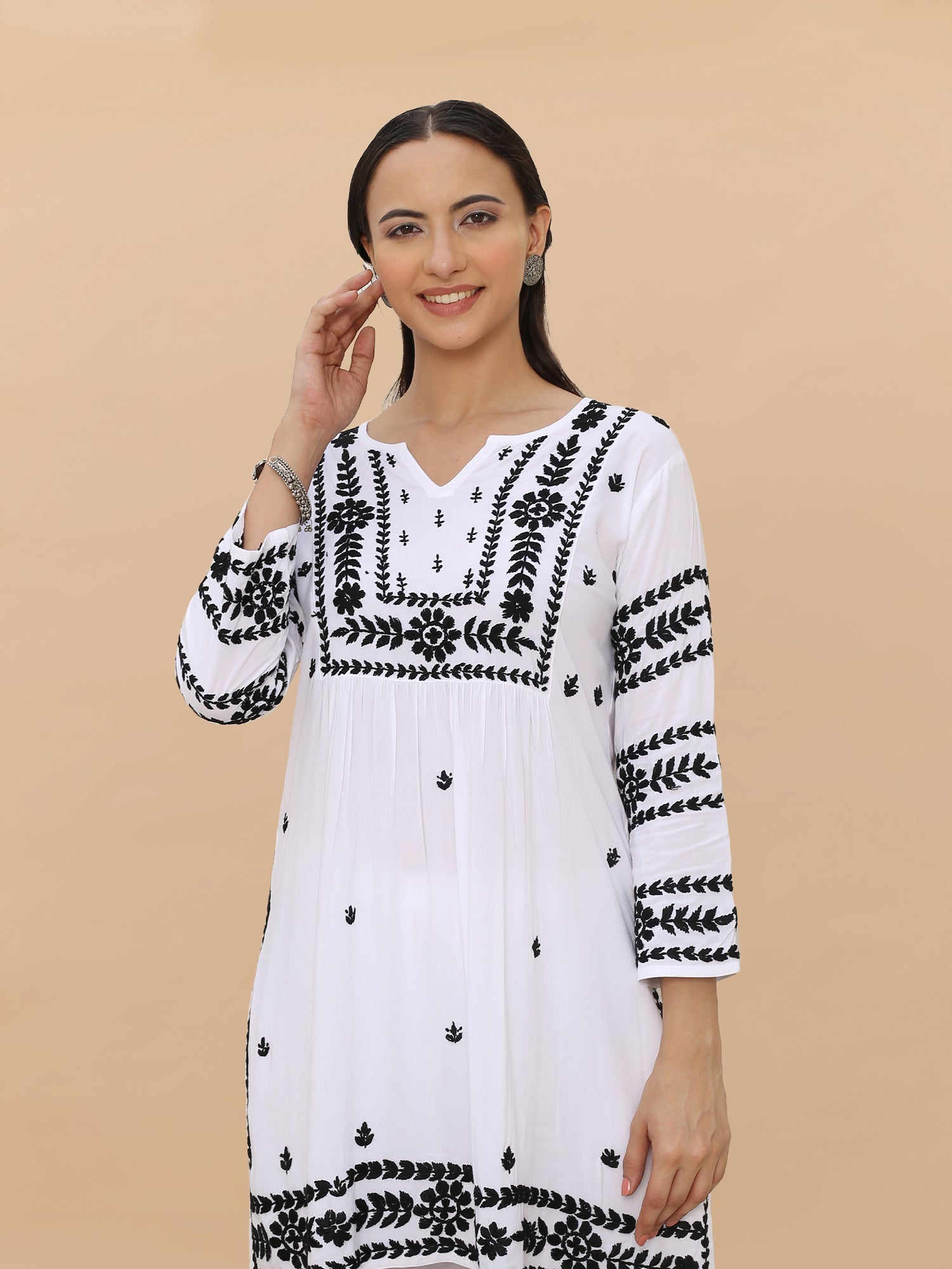 Saba Chikankari Short Kurta in Rayon cotton - White With Black