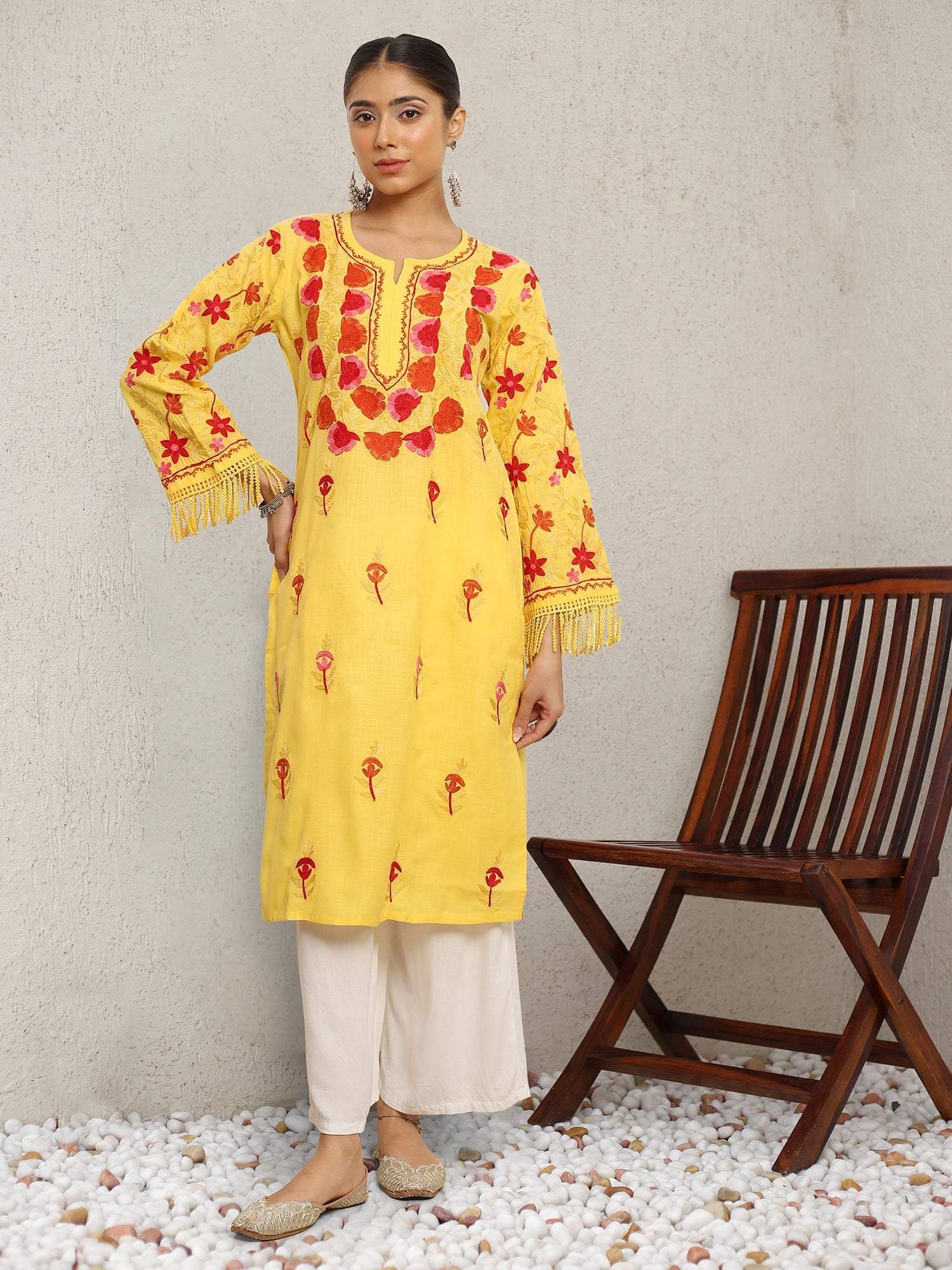 Falak Kashmiri Long Kurta - Yellow