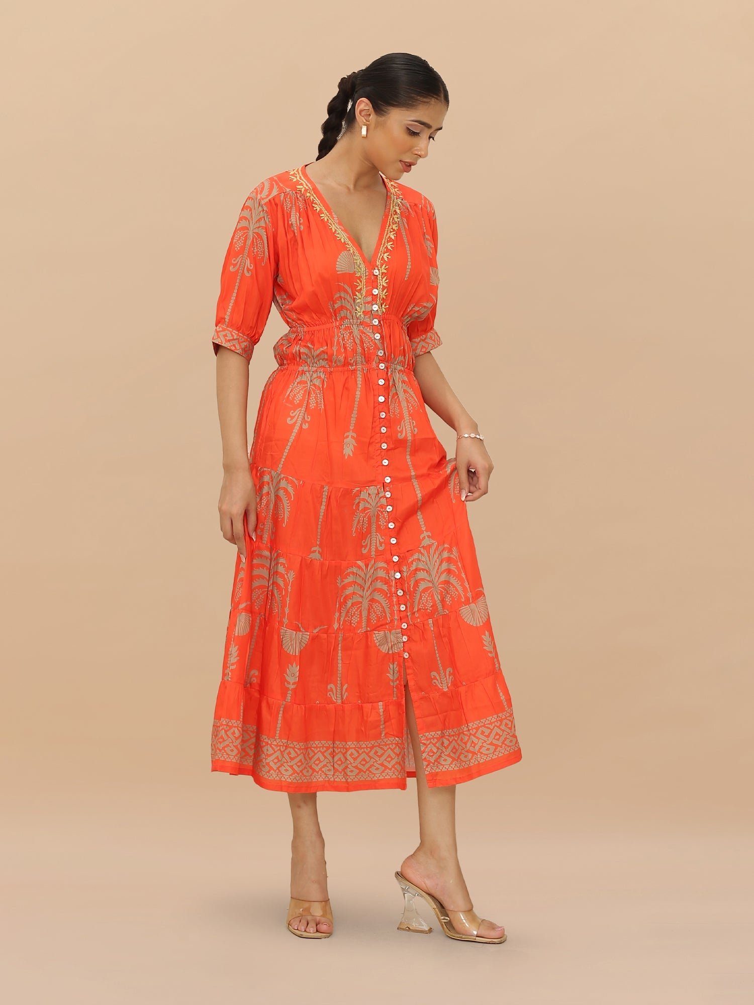 Saba Chikanakri Dress in Printed Poly Muslin - Orange