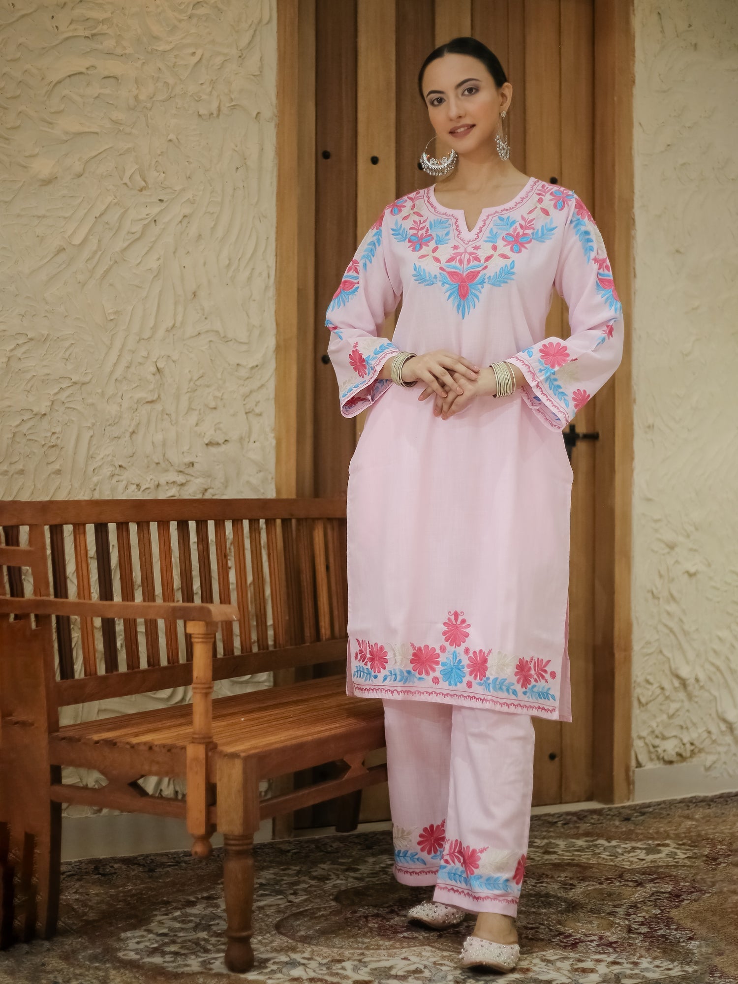 Falak Kashmiri Long Kurta Set - Baby Pink