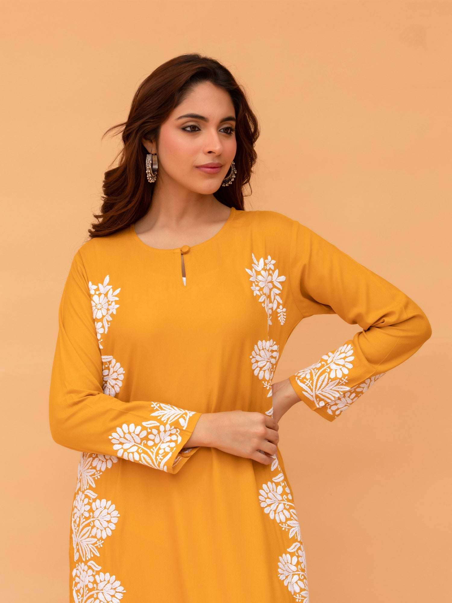 Saba Chikankari Long Kurta in Rayon cotton - Mustard